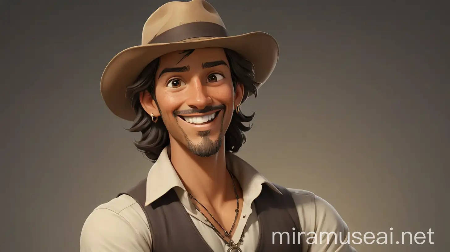 a man, long dark hair, late twenties, tanned skinned, narrow face, stylish semi formal outfit with hat, rings and pendants, smiling, vandyke goatee, cross arms, semi realistic animation style, looking at camera, three quarter view