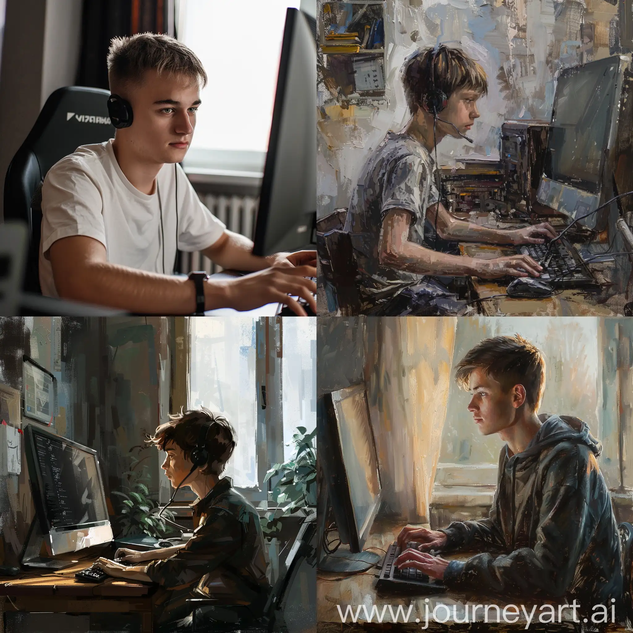 beautiful strong Russian boy work on computer