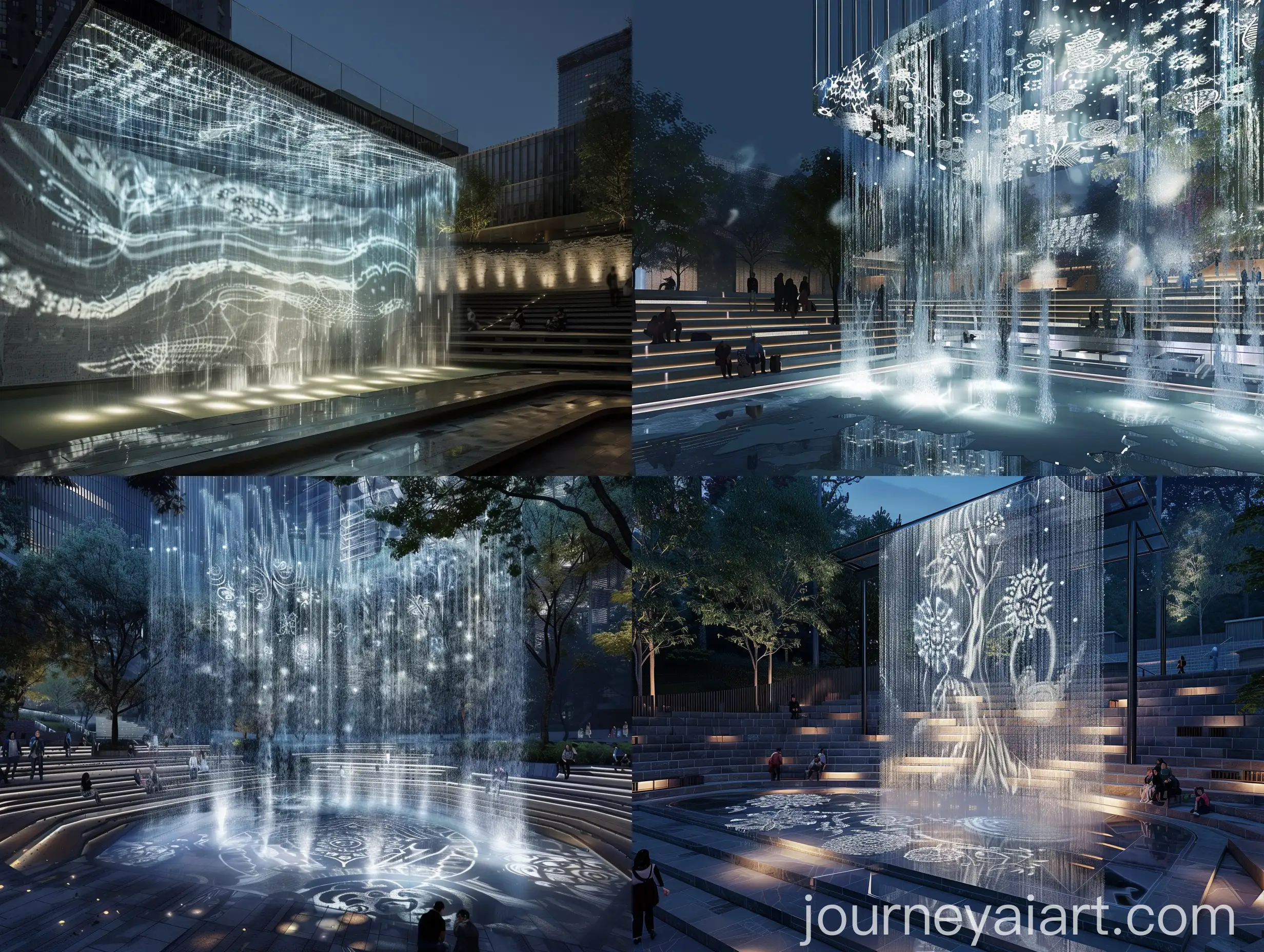 Dreamy-Waterfall-Courtyard-with-Illuminated-Water-Curtain