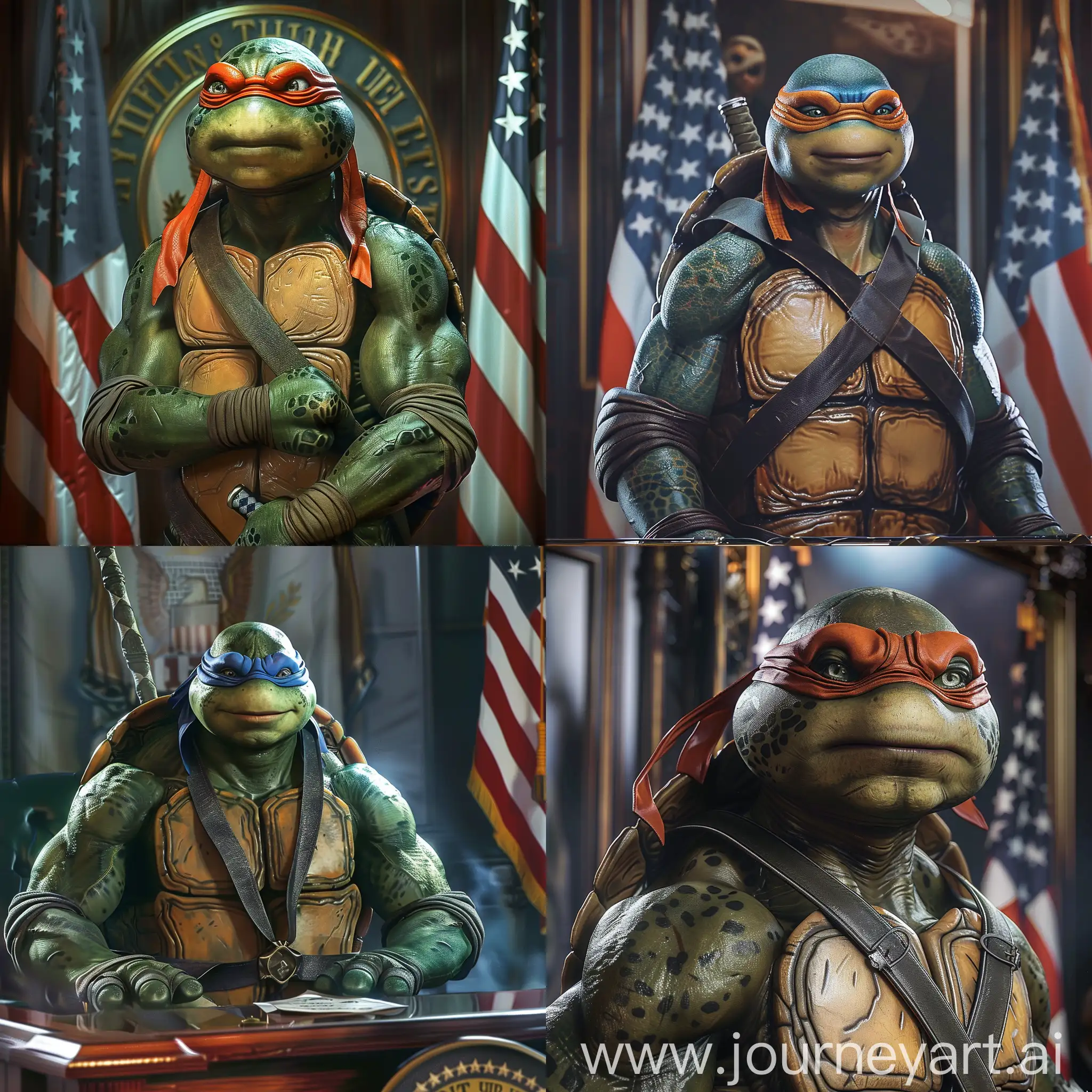 ultra-realistic, masterpiece, Ninja Turtle Leonardo, becomes president of the United States