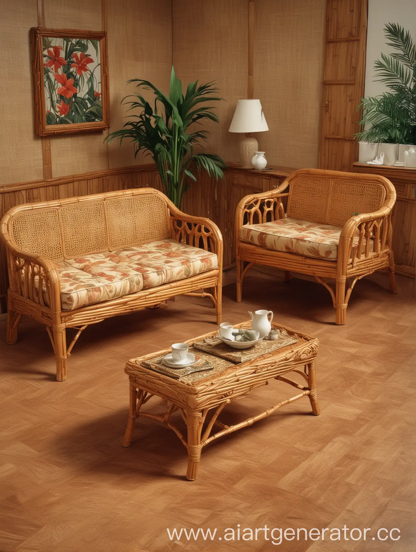 Домашние восьмидесятые: мебель из ротанга, декор из бамбука, отделка стен под дерево. фотореалистичность