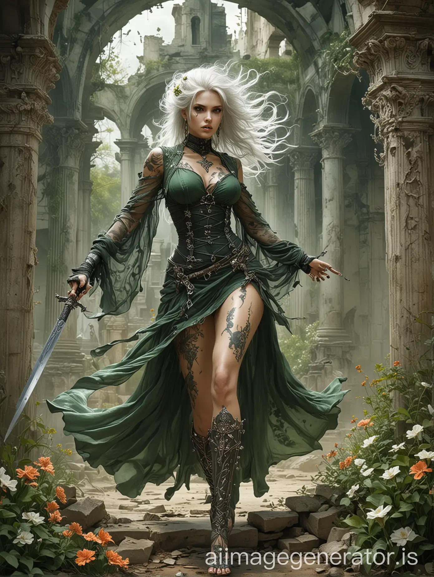 Luis Royo art style, ancient ruins background, art nouveau, witch woman in a see through green dress, long sleeves, running and fighting, sword in her left hand, right hand up, sultry, flowers at her feet, three colors, looking up, tattoo on her legs, tattoo on her arms, tattoo on her chest, white hair, angry