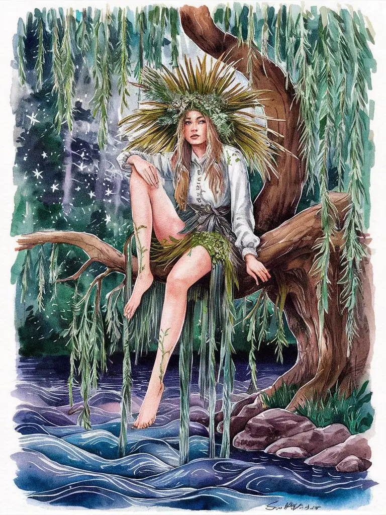 round shape logo with midsummer night aesthetics, dense russian forest, the stars reflected in the river waves, slavic dangerous goddess sitting high on a weeping willow tree and dangling her legs down to the river, with long hair wearing white shirt and a large sedge head wreath, herbs and flowers, aquarelle style, magical, silver pigment, watercolor drawing