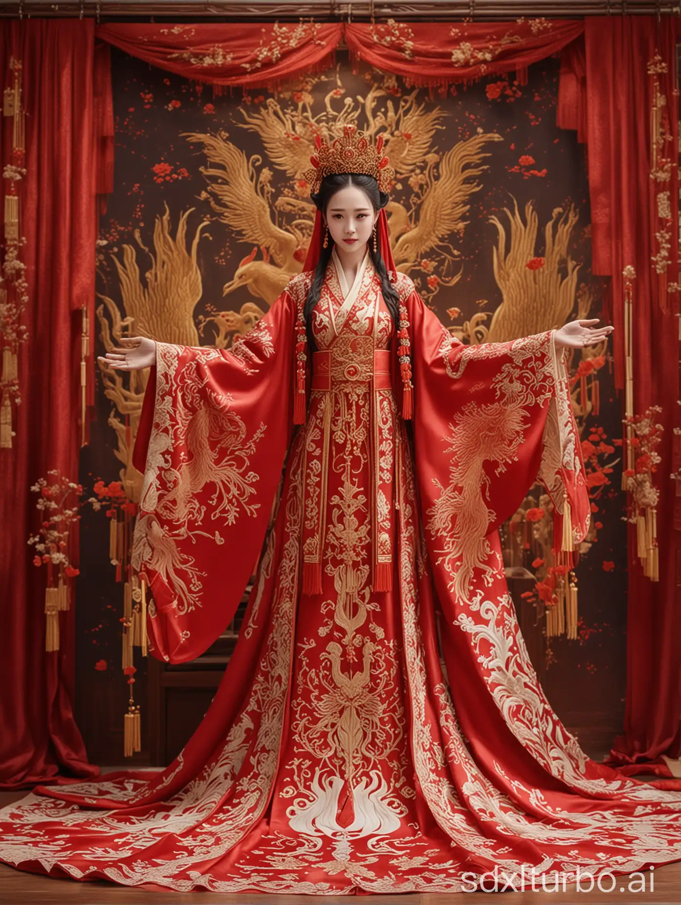 Ancient Chinese queen wedding dress phoenix crown xia curtain wedding scene effect