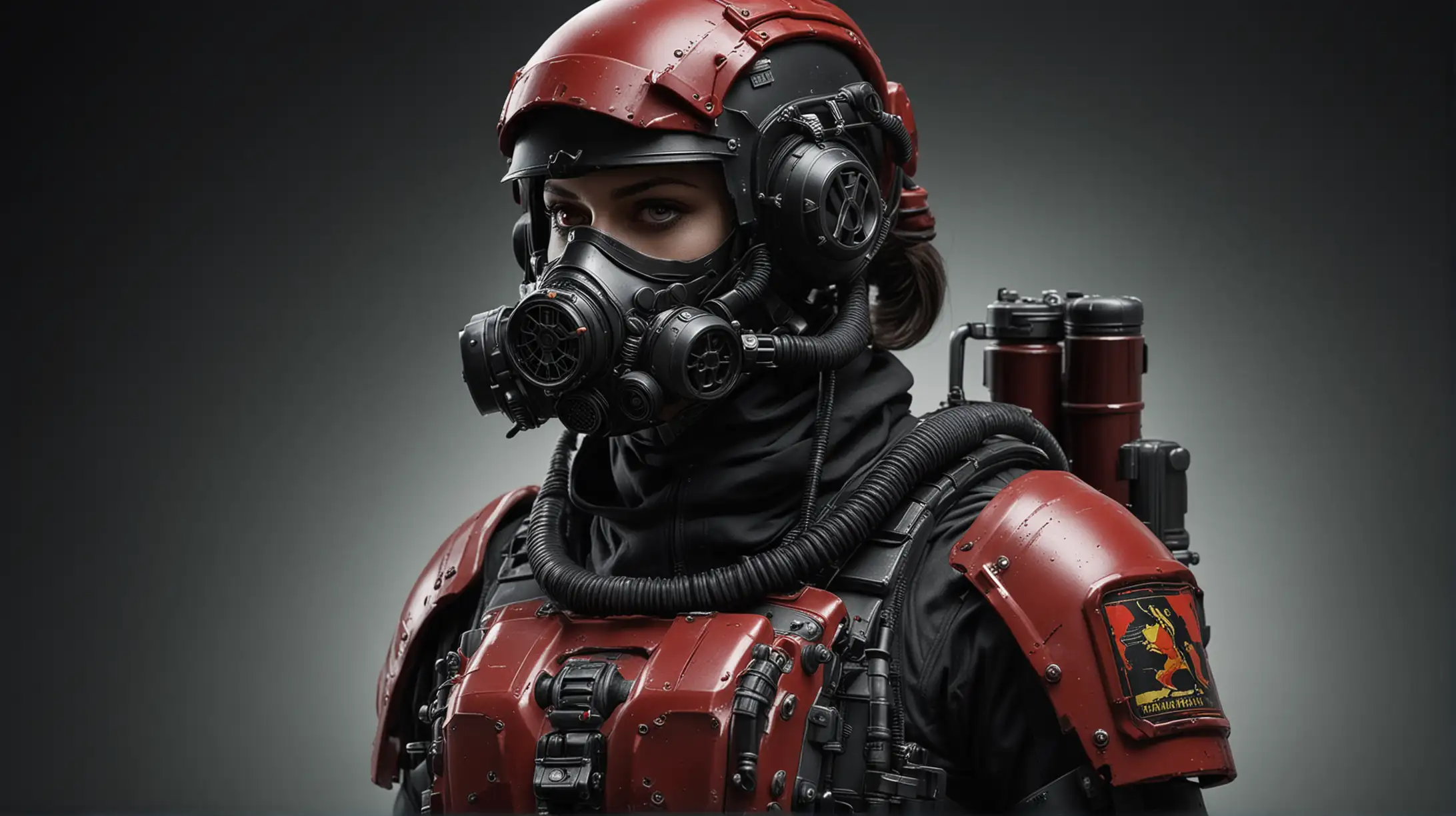 Female warhammer 40k imperial guard soldier in a closed environment suit with an smg and air tank backpack. Black, tight uniform. Full-head helmet and gas mask. Dark red glass visor covers the eyes.
Woman with big boobs. Center shot