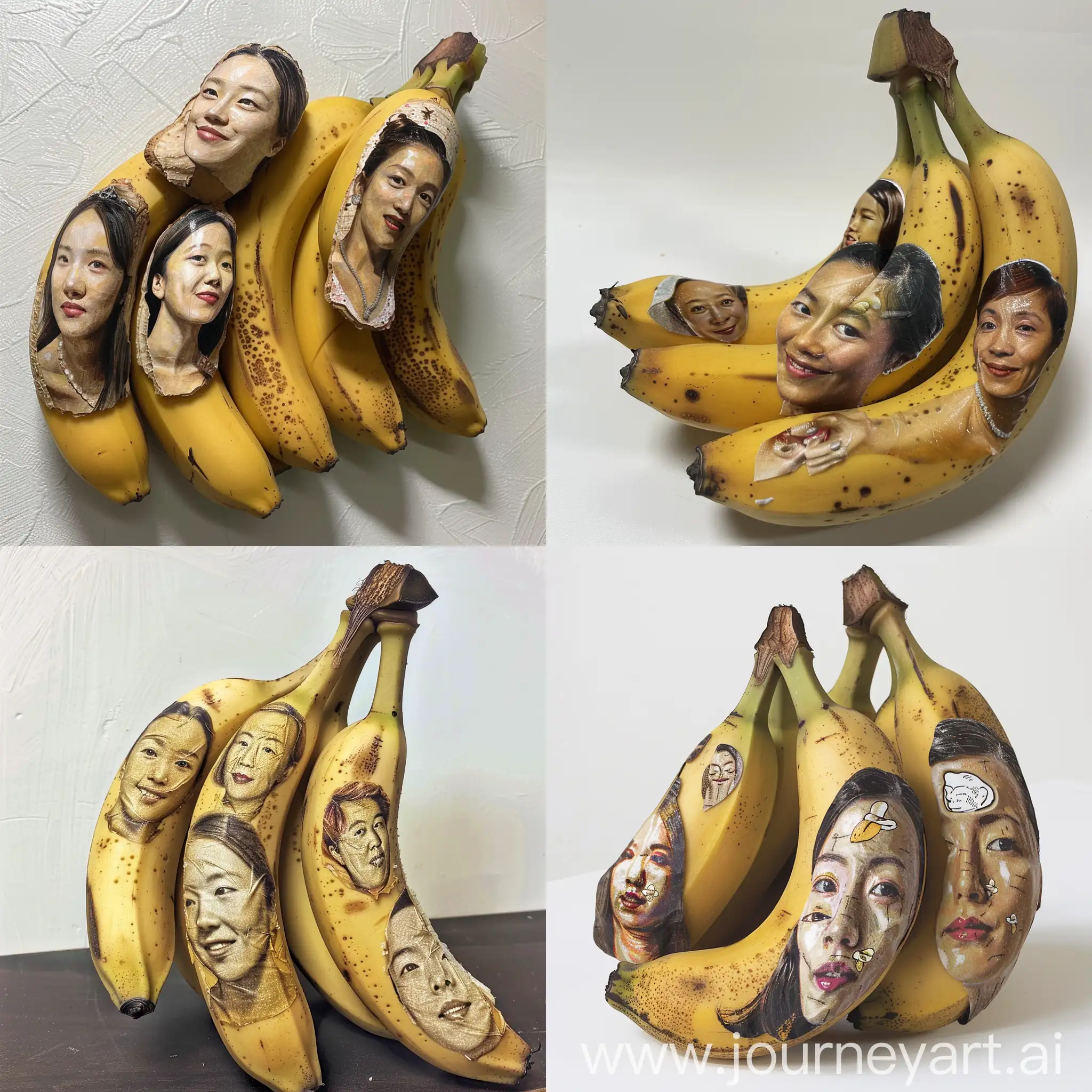 A bunch of 4 bananas. Bananas have humans faces. 2 faces of Taiwanese women. 1 face of a French woman. 1 face of a French man.