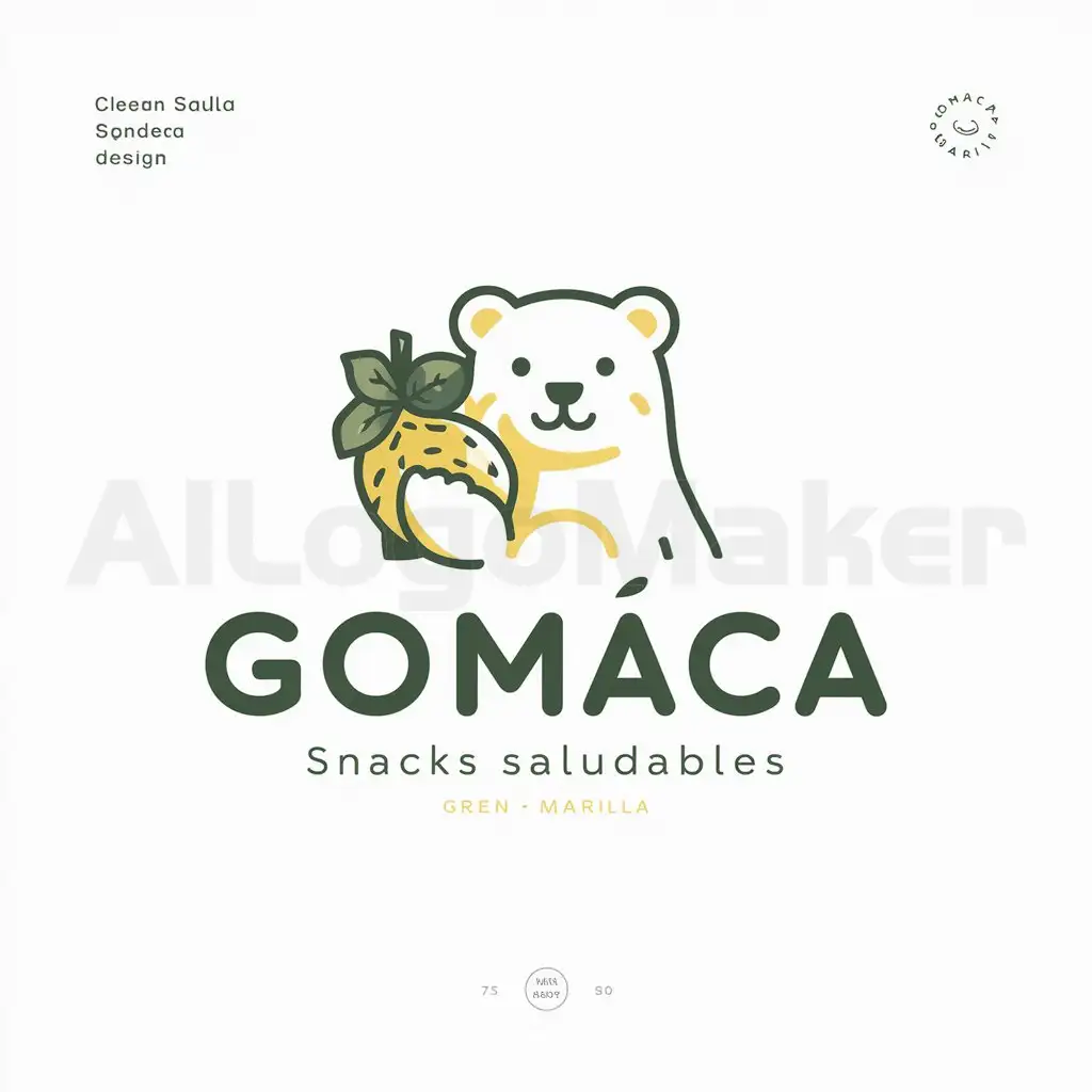 a logo design,with the text 'GOMACA snacks saludables', main symbol:Oso con espinaca y maracuyá amarilla in hand,Minimalistic,to be used in Other industry,clear background