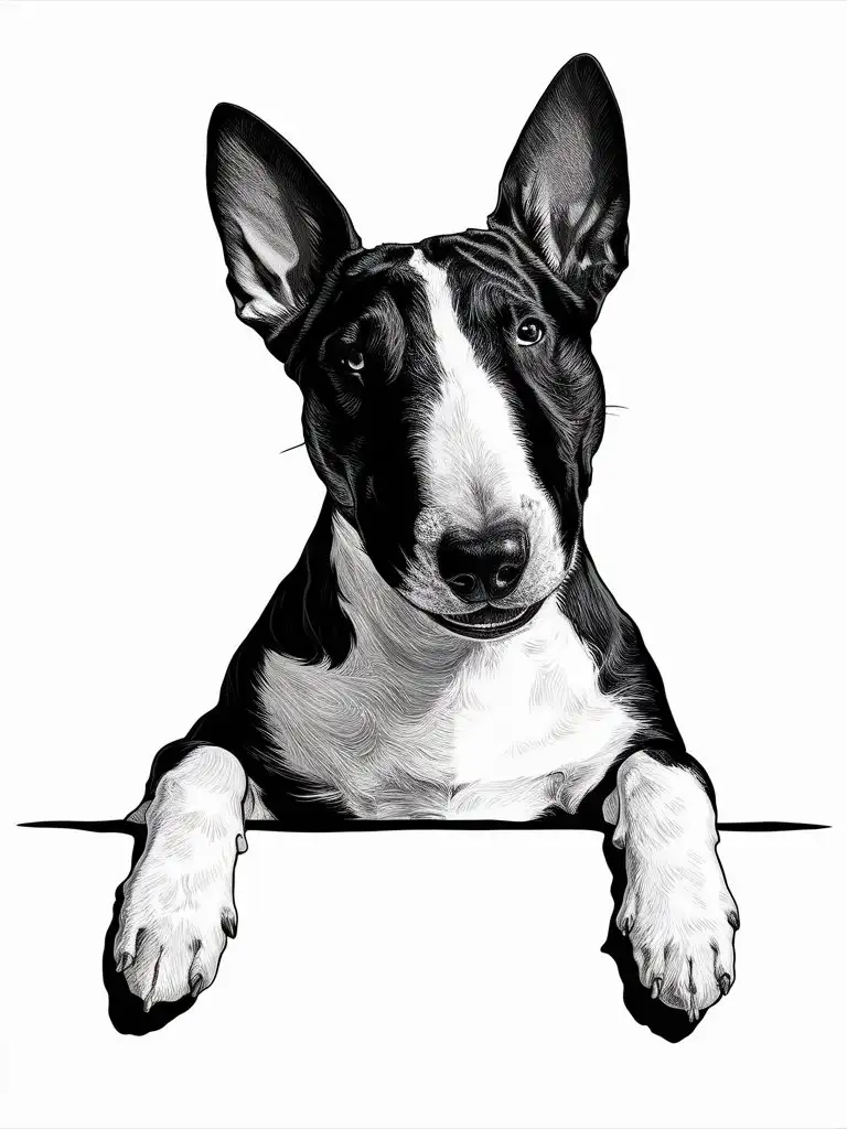 a black and white illustration of a Bull Terrier dog’s head and front paws resting over a horizontal line, giving the impression that the dog is peeking over a surface. The stylized artwork features bold lines and contrasting areas of black and white, creating an interesting visual effect. The dog appears to be a breed with pointed ears.