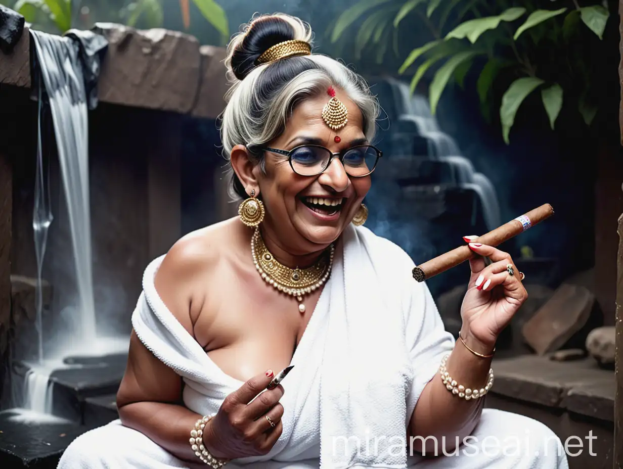 Mature Indian Woman Exercising in Velvet Bath Towel with Young Man Holding Fish at Nightfall