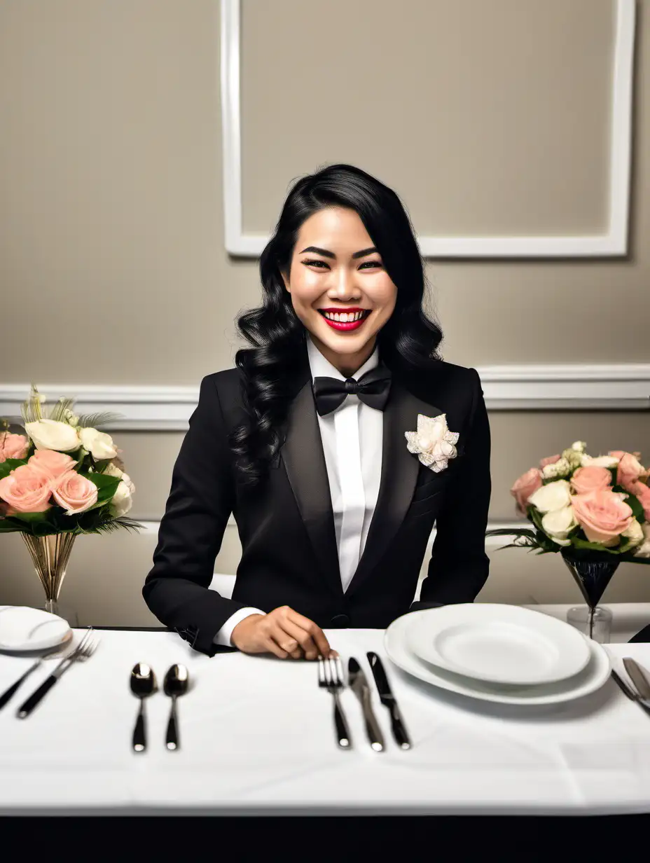 30 year old smiling and laughing and confident and sophisticated Vietnamese woman with shoulder length black hair and lipstick wearing a tuxedo with a black bow tie. (Her shirt cuffs have cufflinks). Her jacket has a corsage. She is at a dinner table. Her jacket is open.