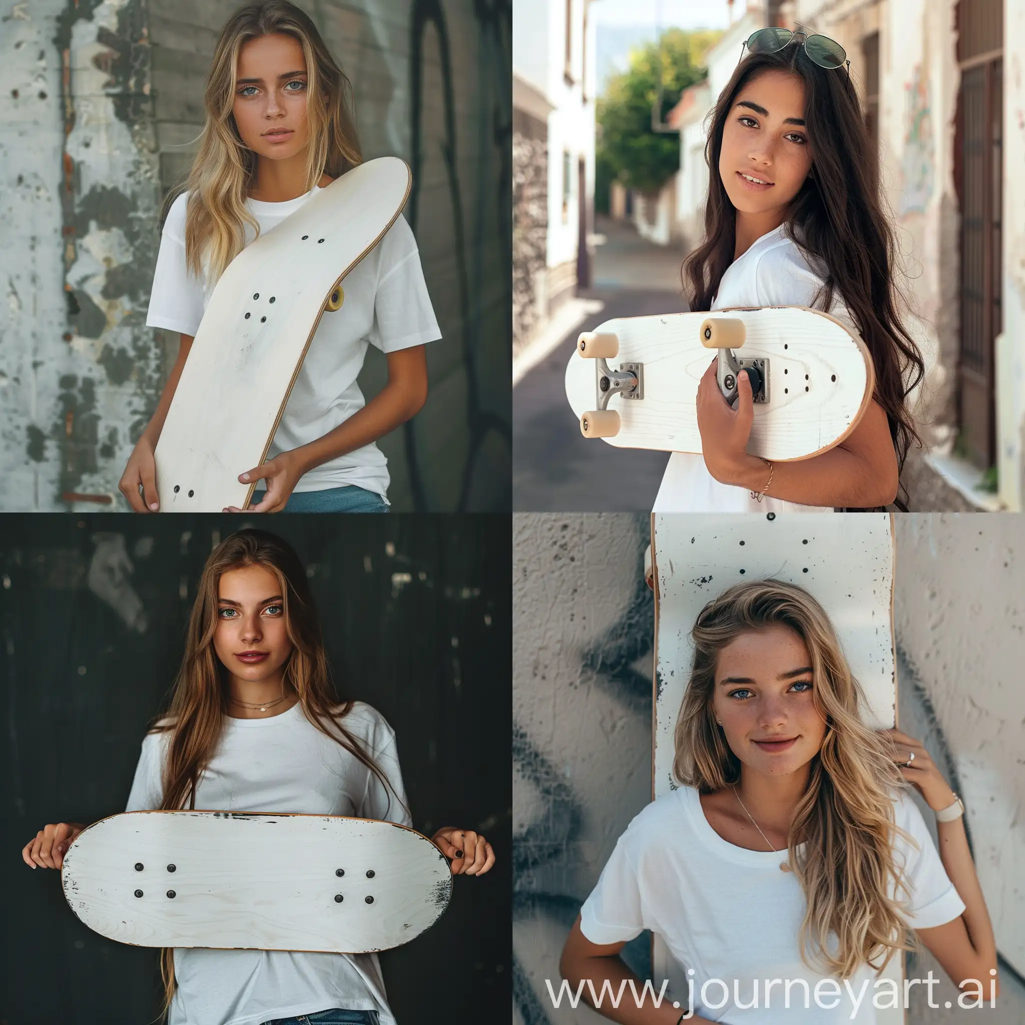 A beautiful girl holding a white plain wooden skateboard with both hands to on back