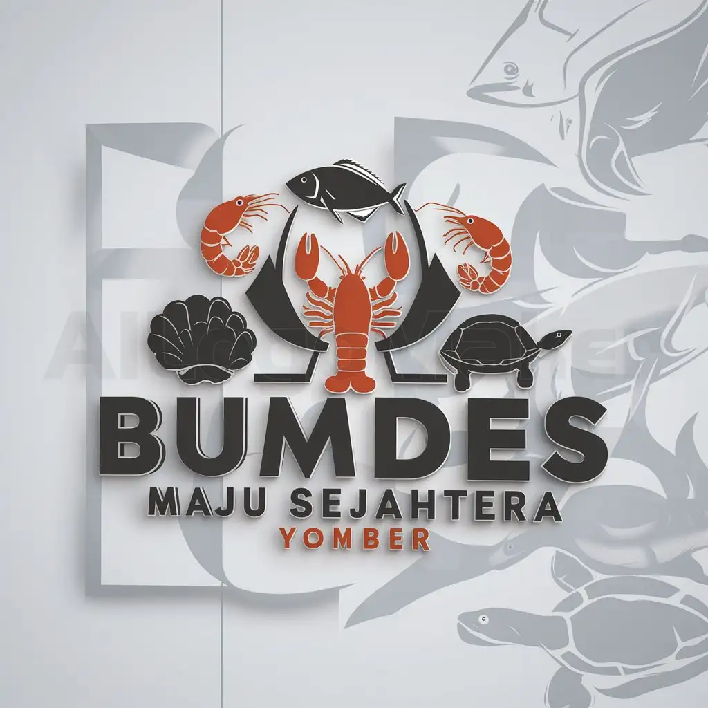 a logo design,with the text "BUMDES MAJU SEJAHTERA YOMBER", main symbol:IKAN, UDANG LOPSTER, KERANG, TARIPANG,Moderate,clear background