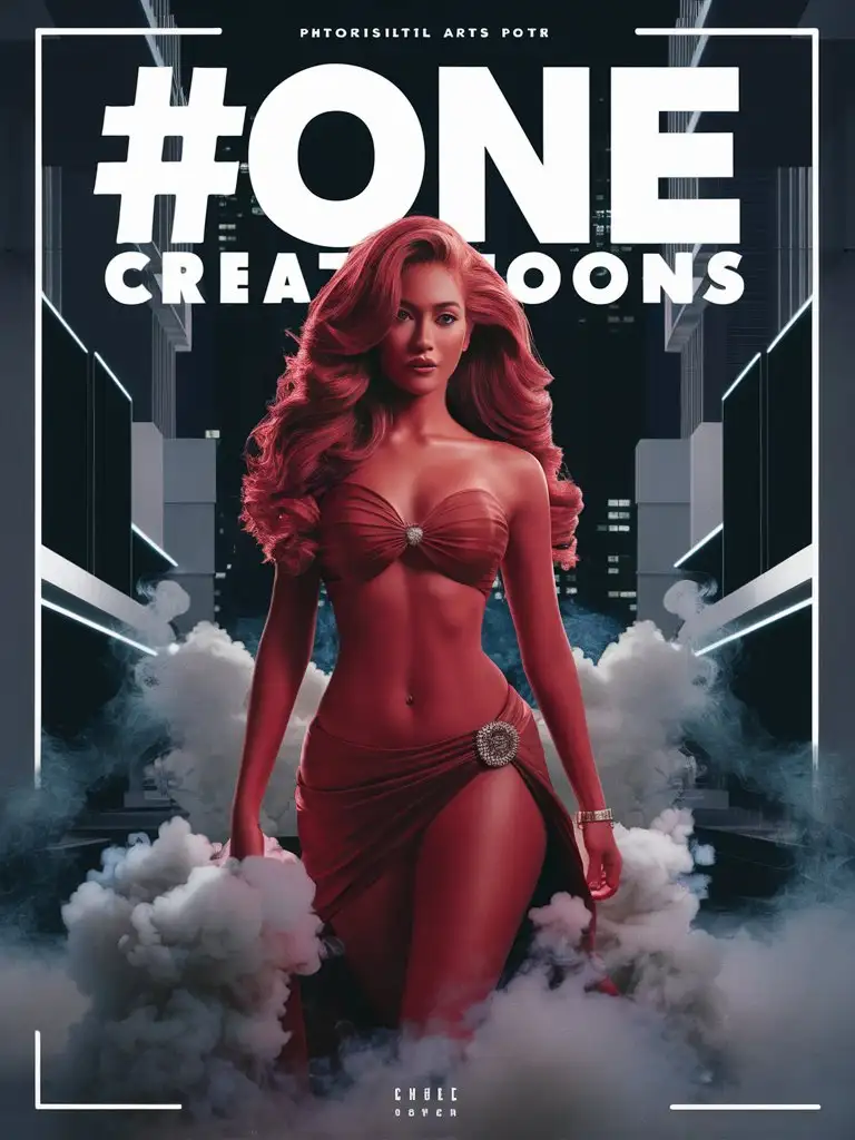 design a poster bold 'title: #one creations' featuring An Indisputable Red indian woman, photorealistic digital arts, precisionism, beautiful gorgeous, thick smoke, night