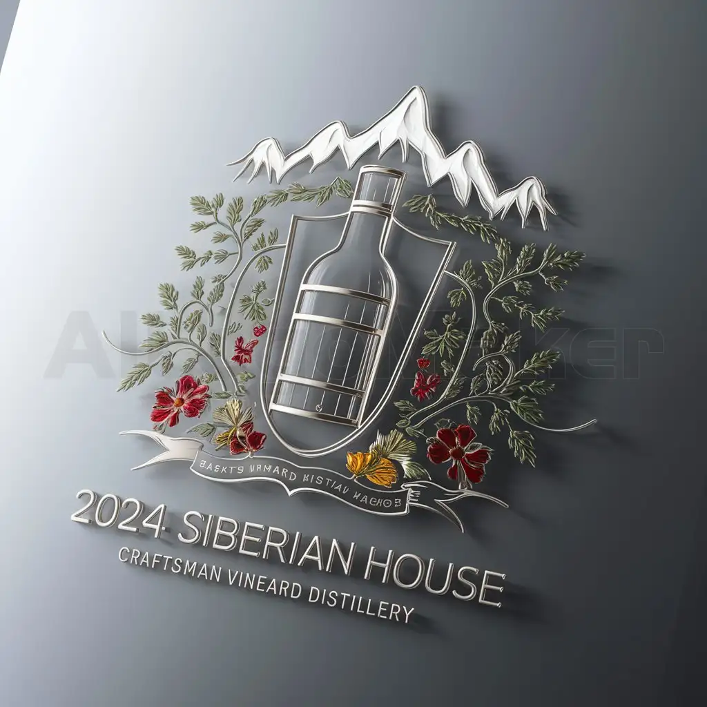 a logo design,with the text "2024 Siberian House", main symbol:S craftsman vineyard distillery glass bottle barrel coat of arms shield red wine snow taiga nature beauty taste flavor aroma bouquet flowers,complex,clear background