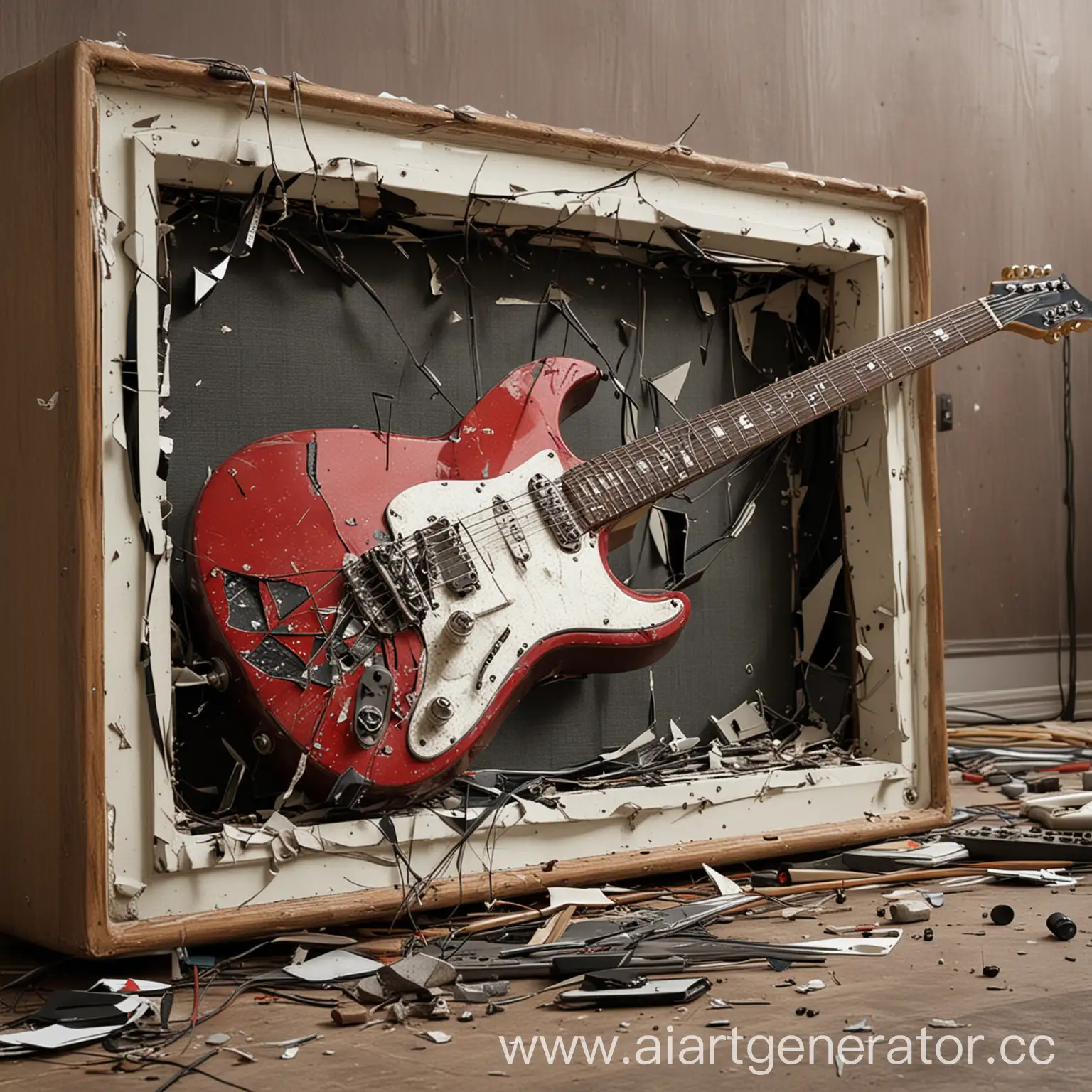 A broken electric guitar, in a broken TV screen