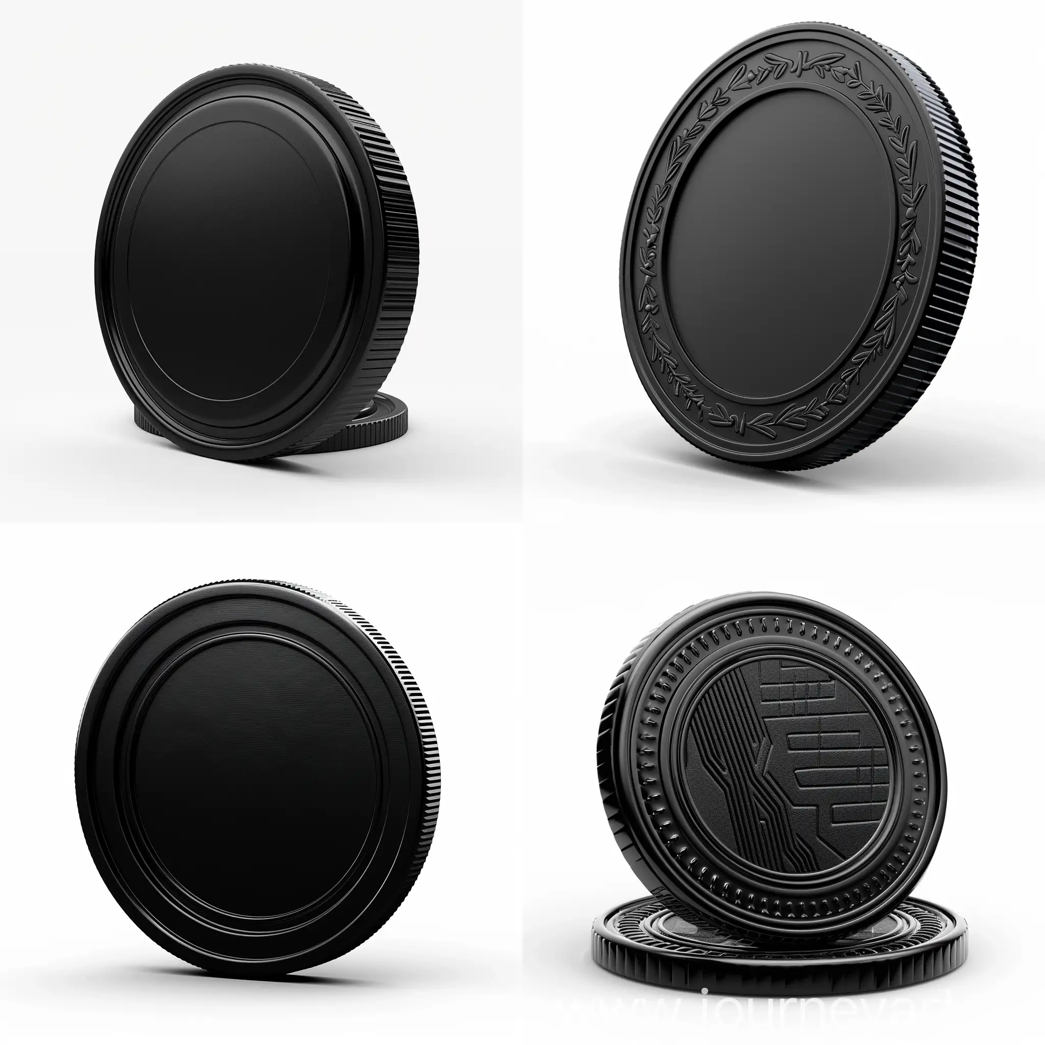 3D cartonic black coin, sleek material, pixar style, front POV, clean white background