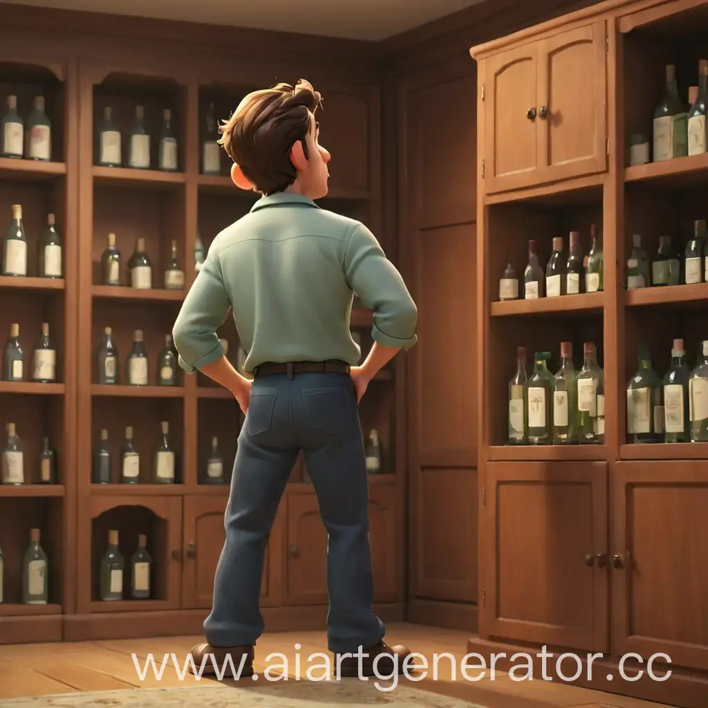мультяшный мужчина стоит спиной к камере смотрит на бутылку в руках перед шкафом с бутылками