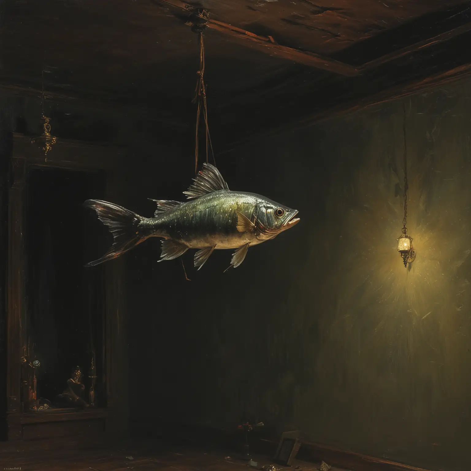 painting in oil by ilya repin about a flying fish in a dark room