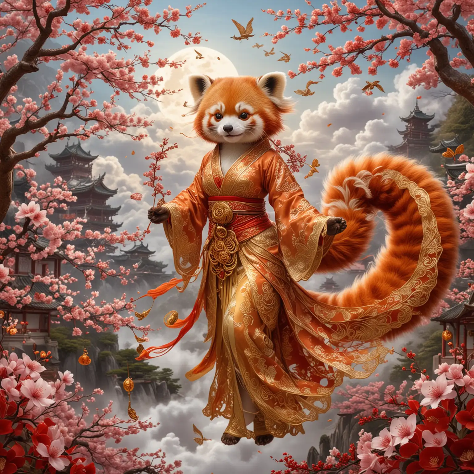 A red panda lady  with 9 tails  wears intricate golden wire lace all down her body, this oriental ornamentation serves to honor the gods of rejuvenation and spring,  a spirl of floating cherry blossoms form behind her on the wind. Far in the distance a cloud dragon smiles