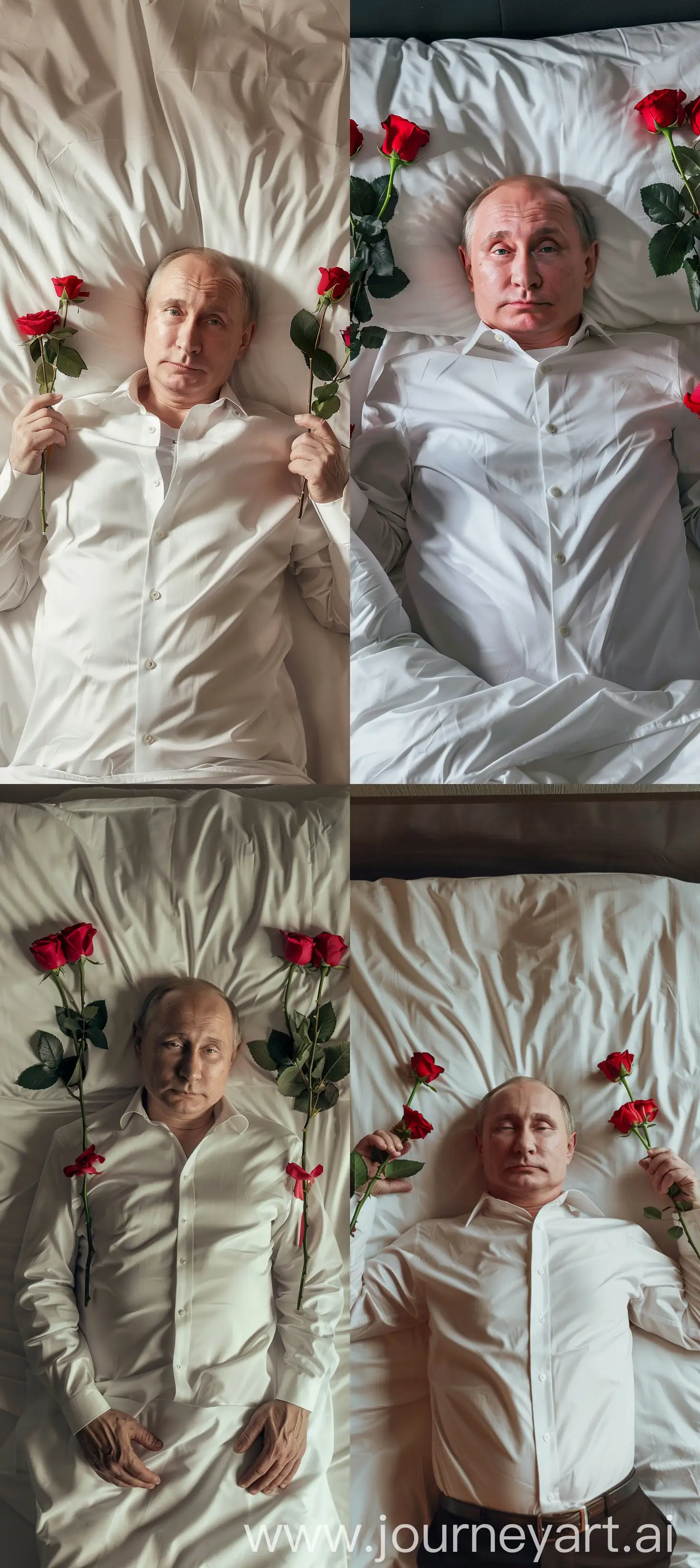 phone photo, Vladimir Putin laying in bed with red roses on the end of his hands, posted to reddit in 2018, white shirt, romantic atmosphere --ar 57:128