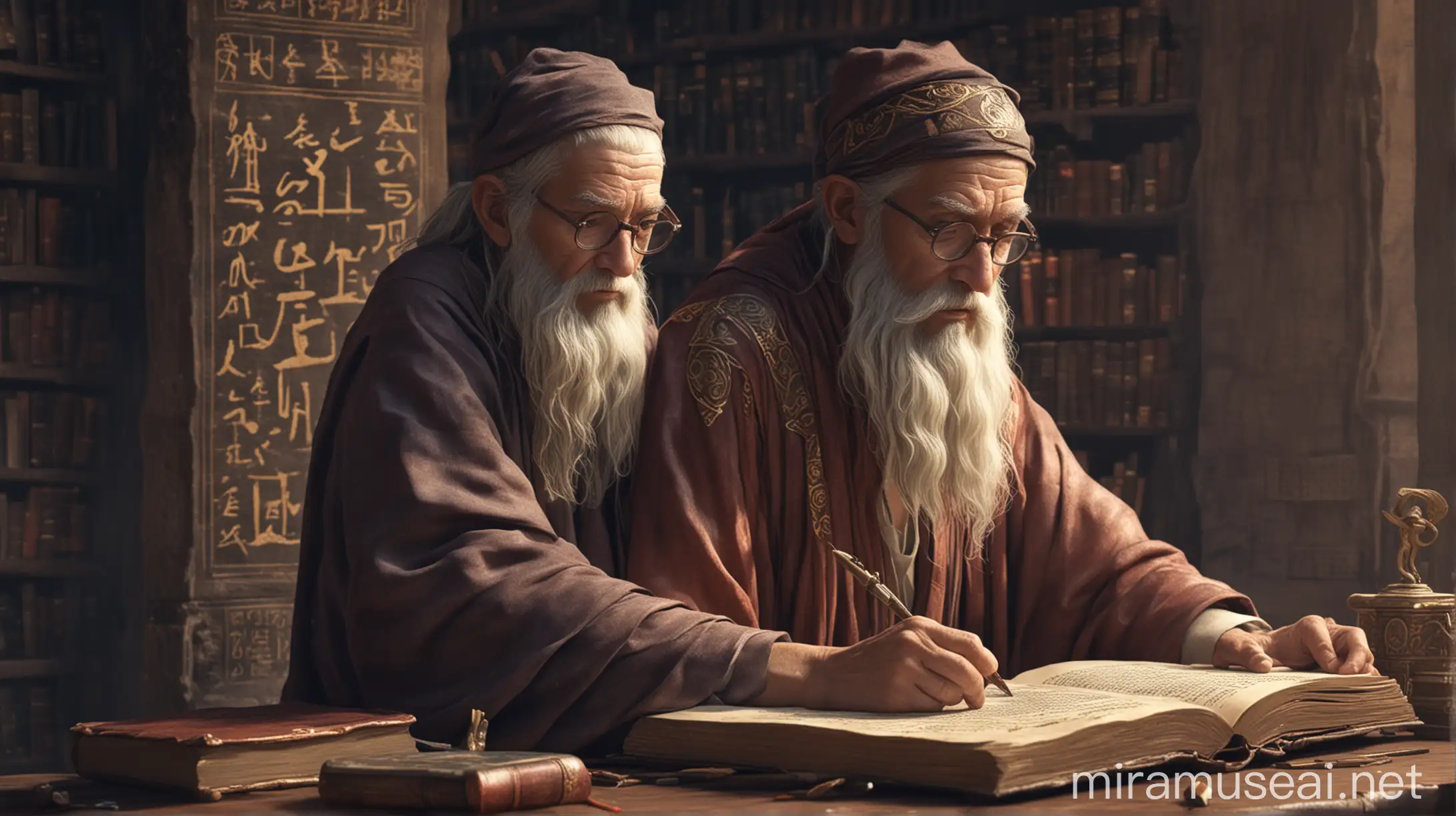 Ancient Scholar in Tranquil Library Setting