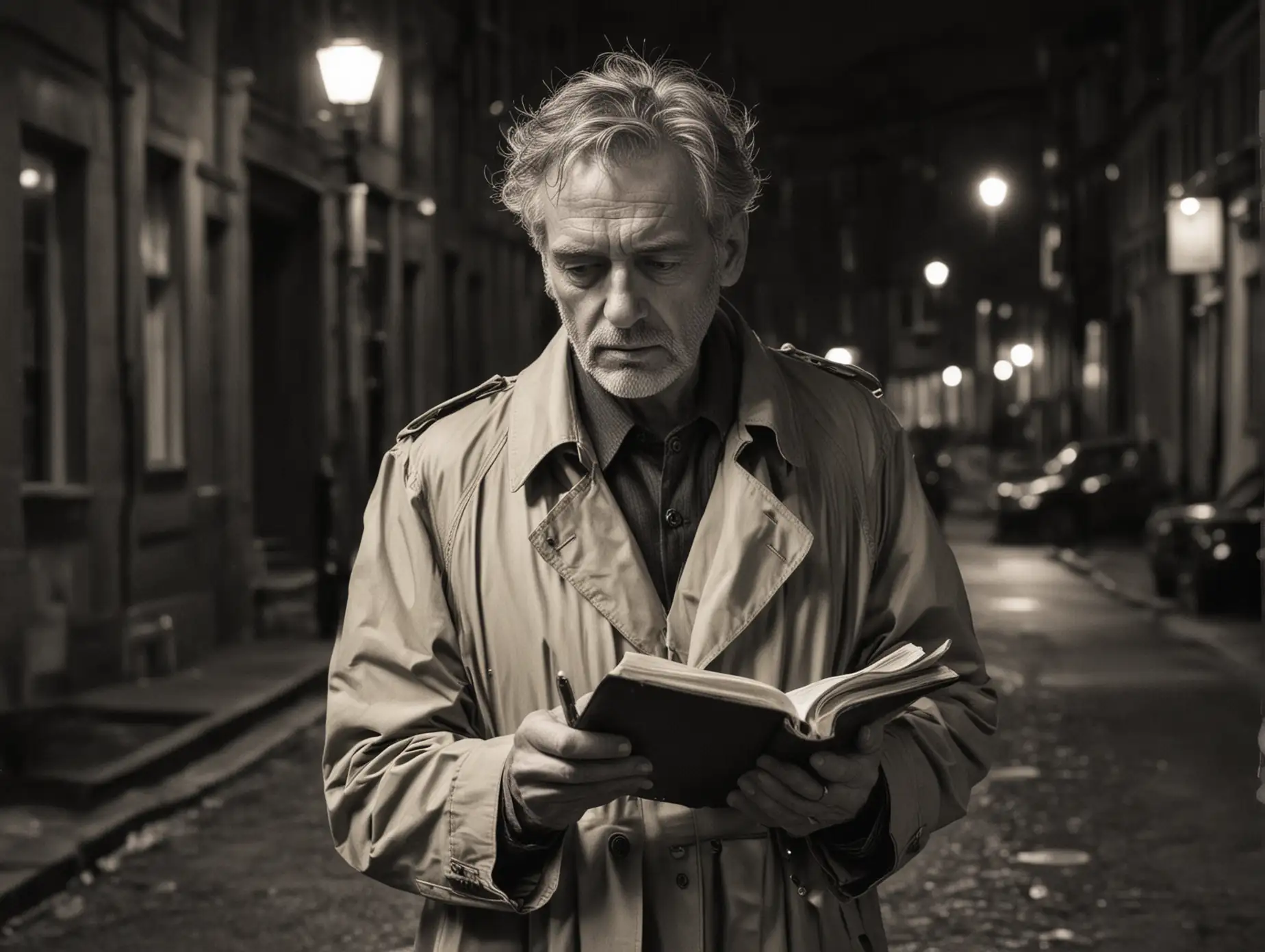 A 60 year old male poet wearing a trench coat. It is night. He is standing on the street, writing in a leather bound notebook. He is a serious man. 