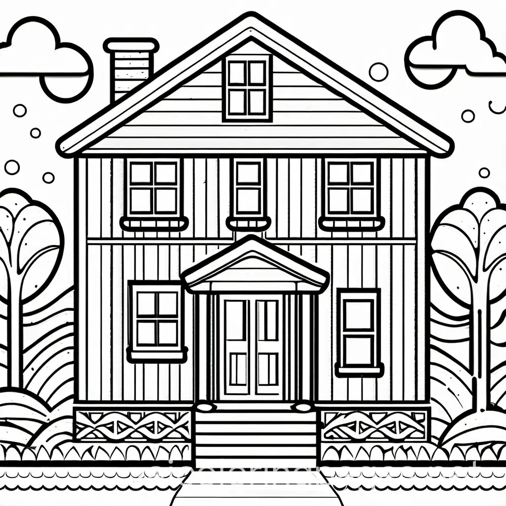 Home black and white colouring page for kids, Coloring Page, black and white, line art, white background, Simplicity, Ample White Space. The background of the coloring page is plain white to make it easy for young children to color within the lines. The outlines of all the subjects are easy to distinguish, making it simple for kids to color without too much difficulty