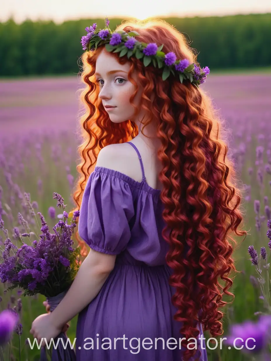Лето солнце полевые цветы девушка с длинными кудрявыми рыжими волосами в фиолетовом сарафане плетёт венок стоит спиной