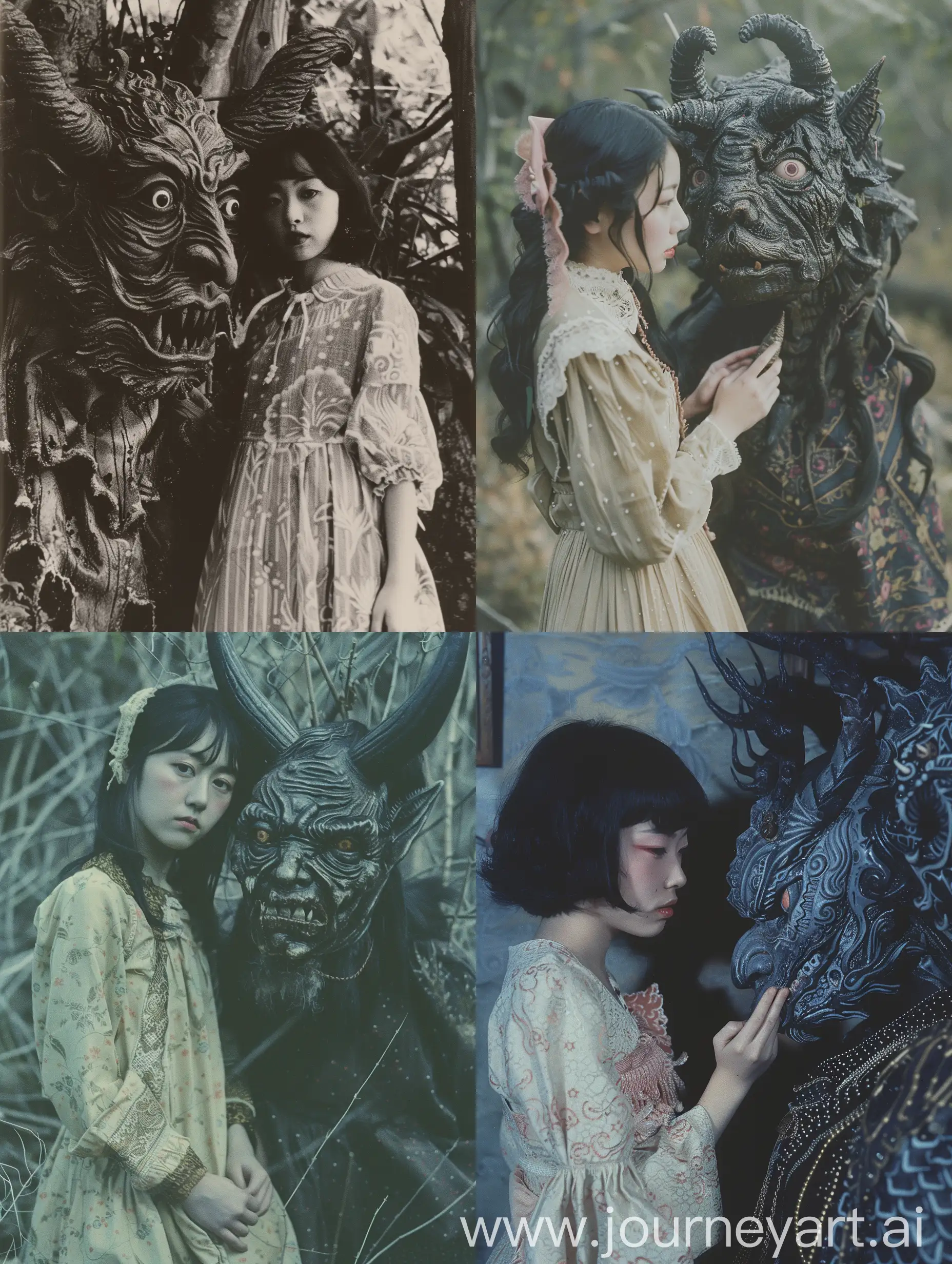 Very saturated photo that evokes folk horror, capturing a mysterious and unsettling yet beautiful encounter between a beautiful young japanese woman in a vintage dress and a dark demonic deity, detailed face. folk horror, dark aesthetic, dark folk, dark magic, taken on provia, pagan horror, horror movie