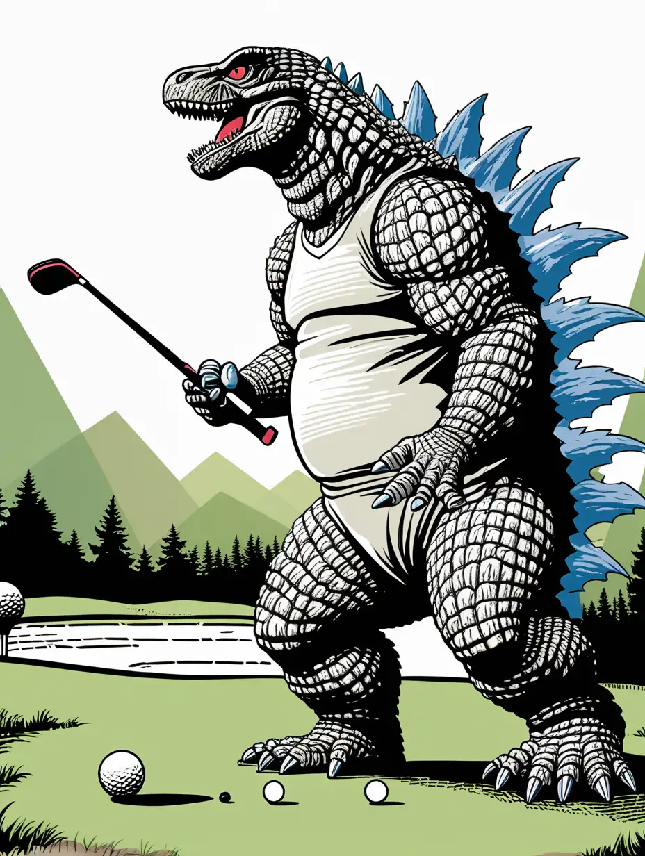 Giant Monster Godzilla Playing Golf in Cityscape