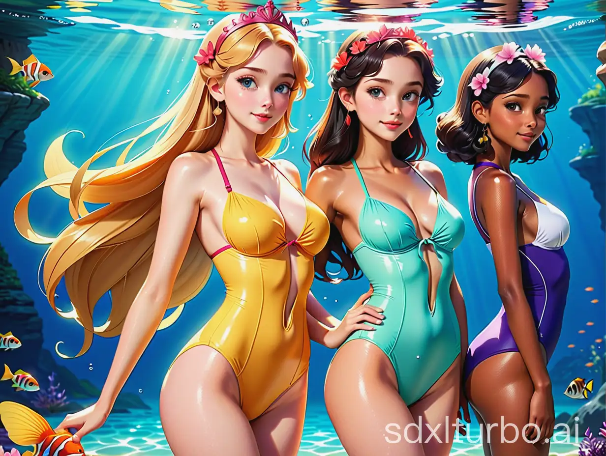 Fairy tale characters wearing swimsuits animation style