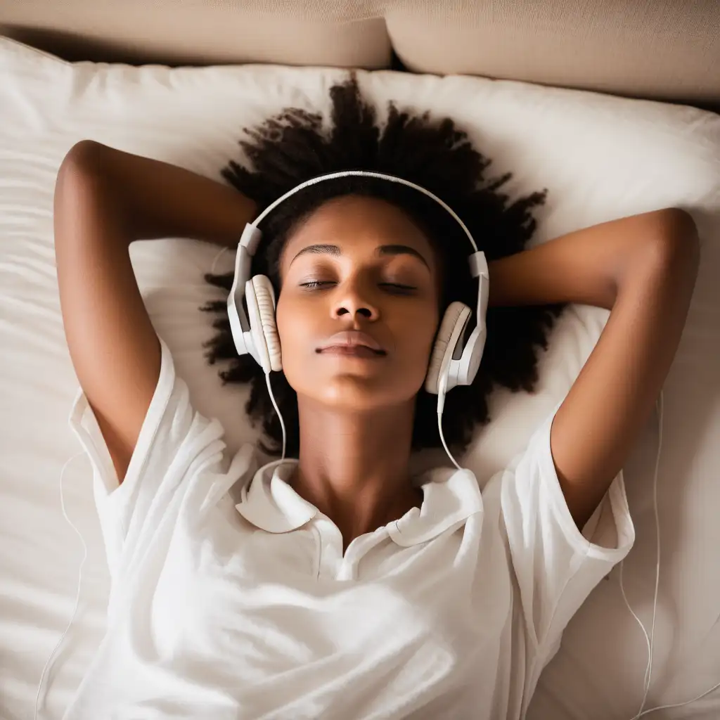 Relaxed Woman Listening to Music on Bed