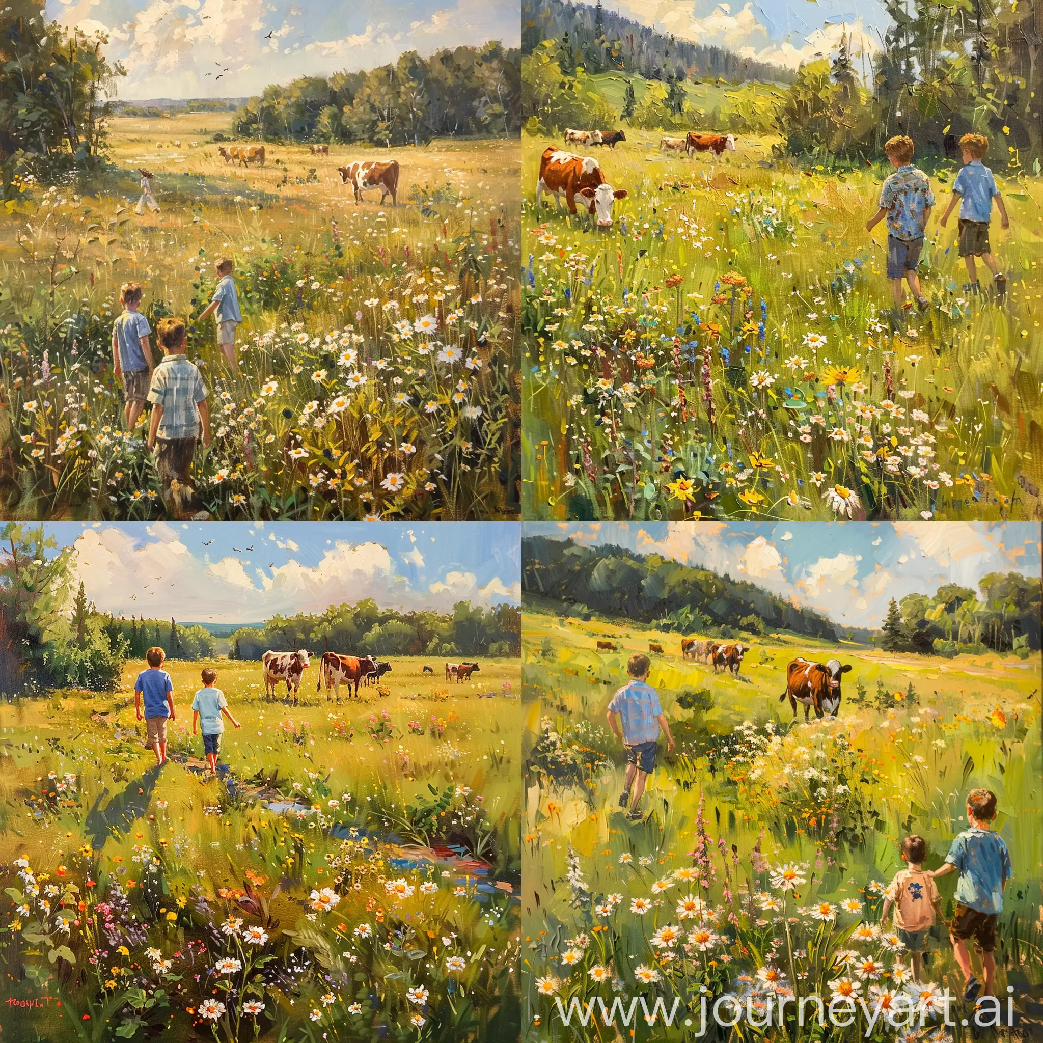 A beautiful oil painting, a sunny summer day, a field with meadow flowers and herbs, a small herd of cows is walking in the distance, two boys in shirts are walking behind them, a small forest in the background