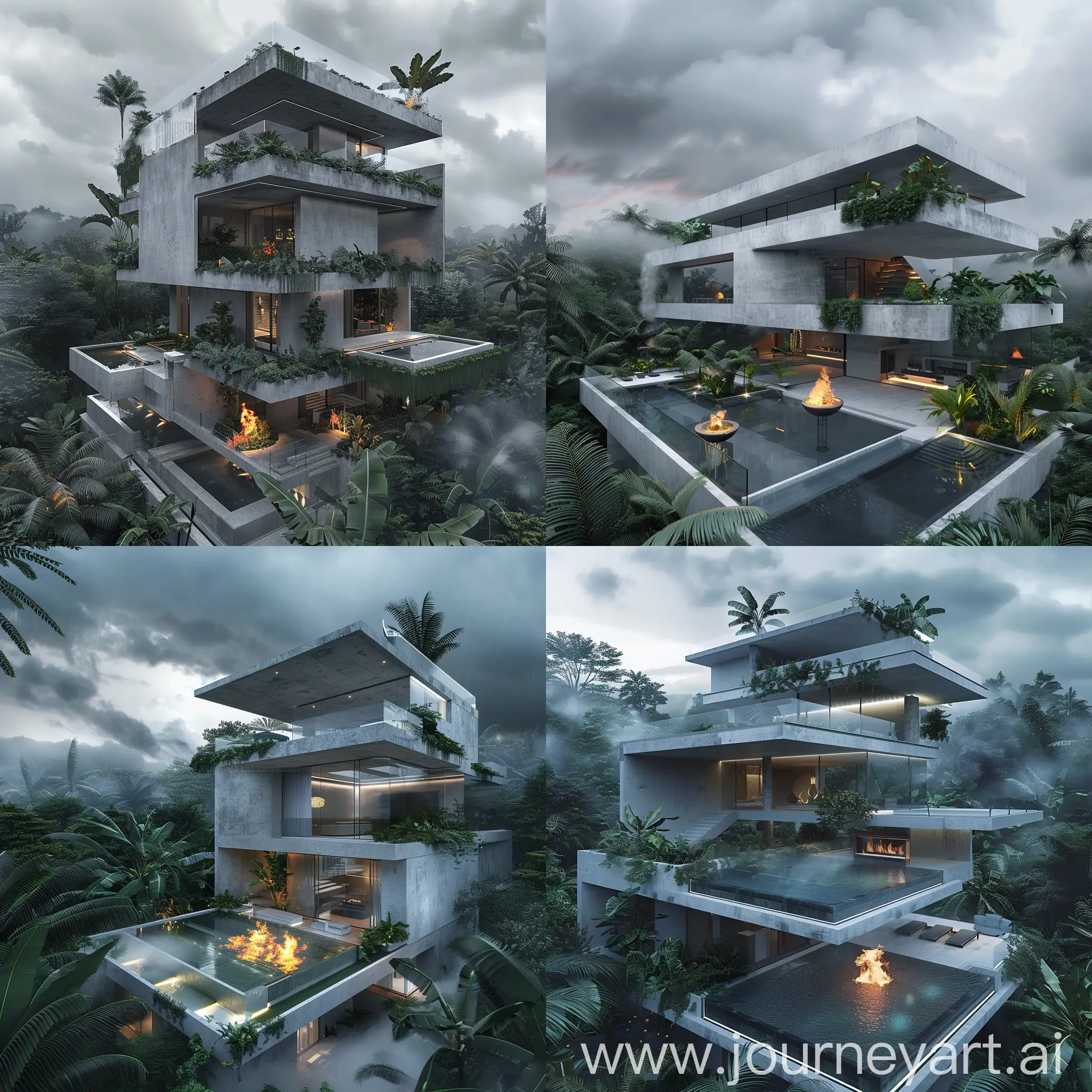 A three-story modern villa, with gray white color and concrete, with an infinity glass pool, landscaped and soft lighting, a fire temple, in the heights of a lush tropical forest and broad leaves, cloudy cloudy air, real photo