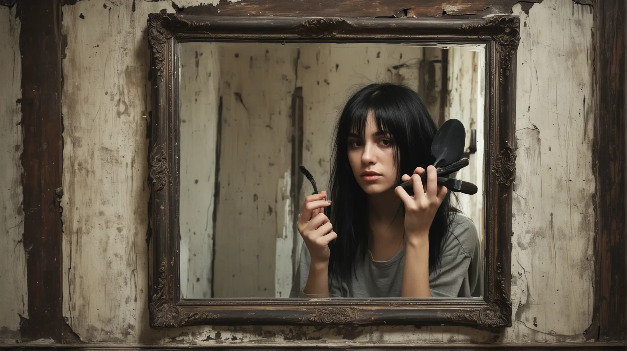 ragazza with black hair brushes herself reflected in the old faceless mirror, grunge atmosphere