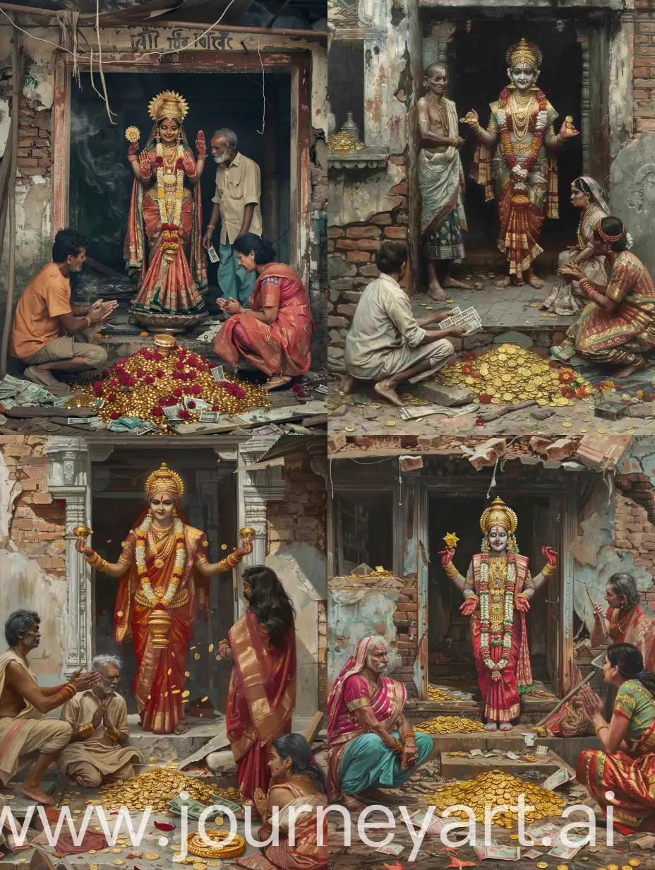 laxmi devi entered in old broken house with gold coins and indian currency notes. old aged torn clothes weared thin indian two couple bowimg to laxmi. all are dressed