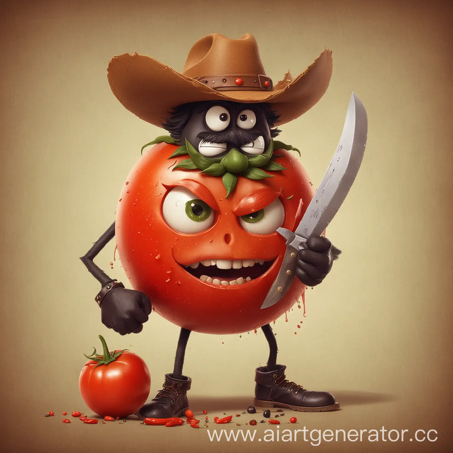 Cartoon-Tomato-Texas-Bandit-with-Sharp-Knives-and-Pepper