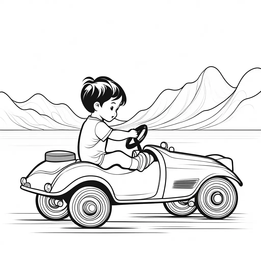 simple coloring page of a Vietnamese child playing toy cars, Coloring Page, black and white, line art, white background, Simplicity, Ample White Space