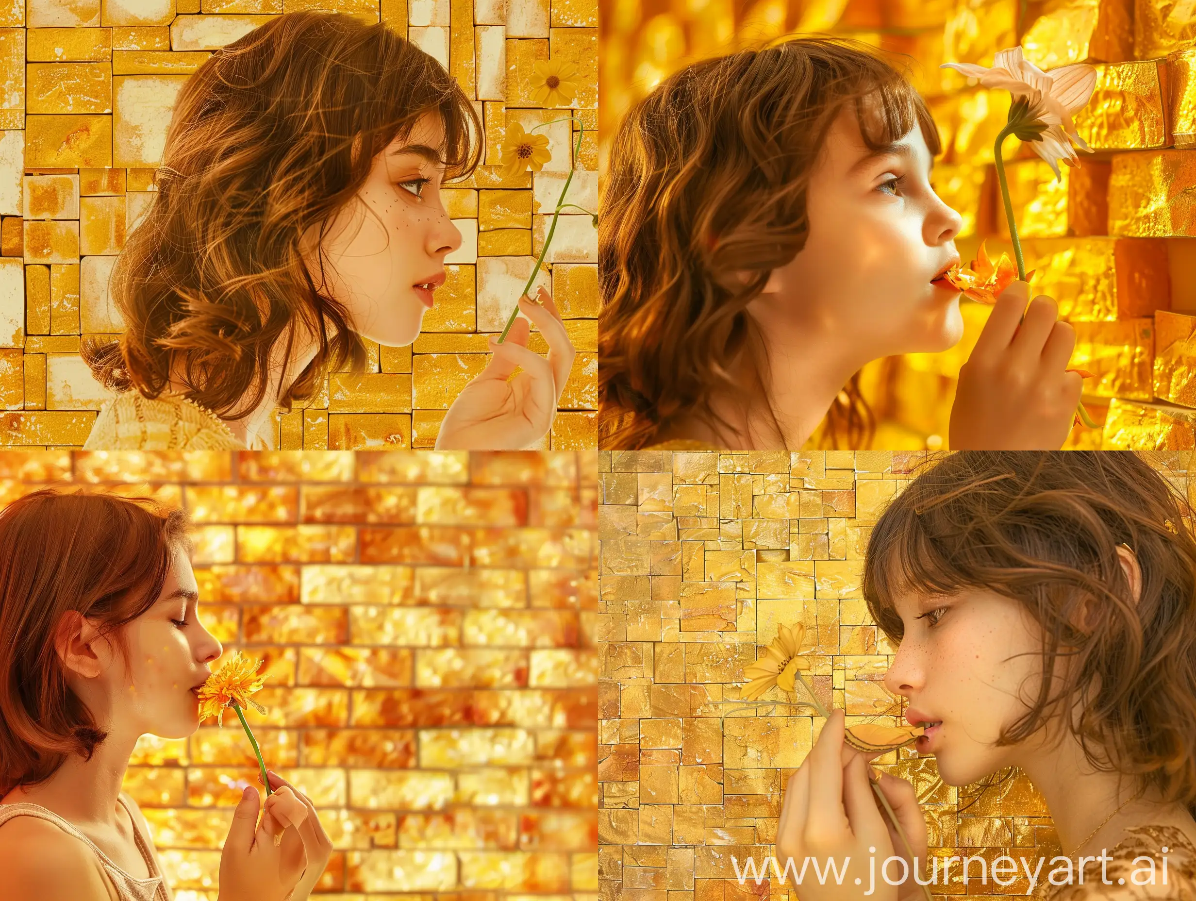 Girl-with-Brown-Hair-Holding-Flower-Against-Yellow-Brick-Background