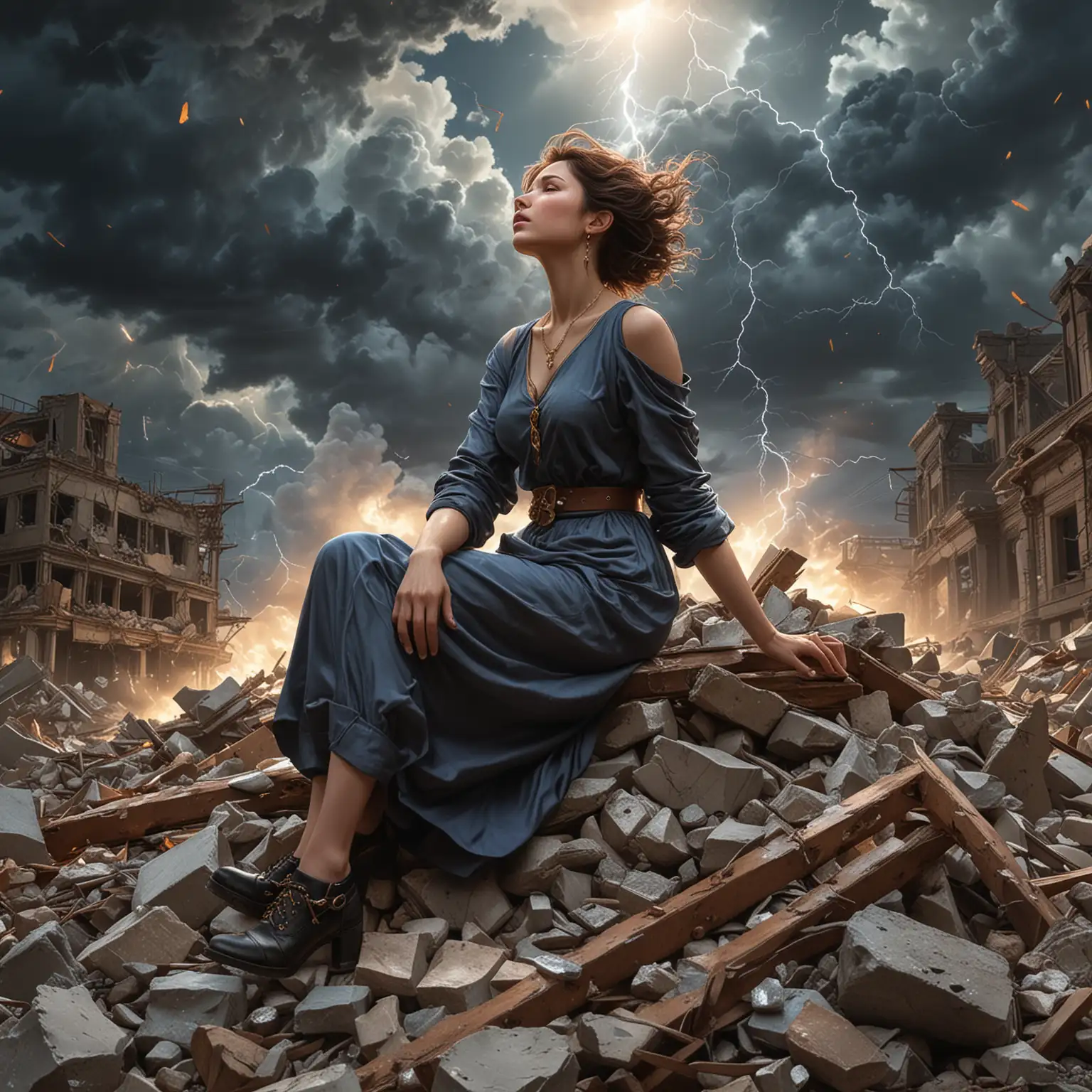 Infamous,With an air of grandeur, a woman proudly perches atop a heap of rubble, as the sky crackles with the awe-inspiring power of lightning.Diamond Jewelry,  Necklace, Rings and earrings. Canadian woman painterly smooth, extremely sharp detail, finely tuned, 8 k, ultra sharp focus, illustration, illustration, art by Ayami Kojima Beautiful Thick Sexy women 