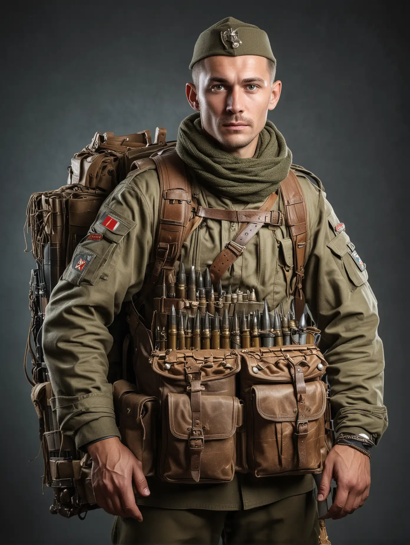 Russian-Ammunition-Bearer-in-Battle-Poses-with-Military-Gear