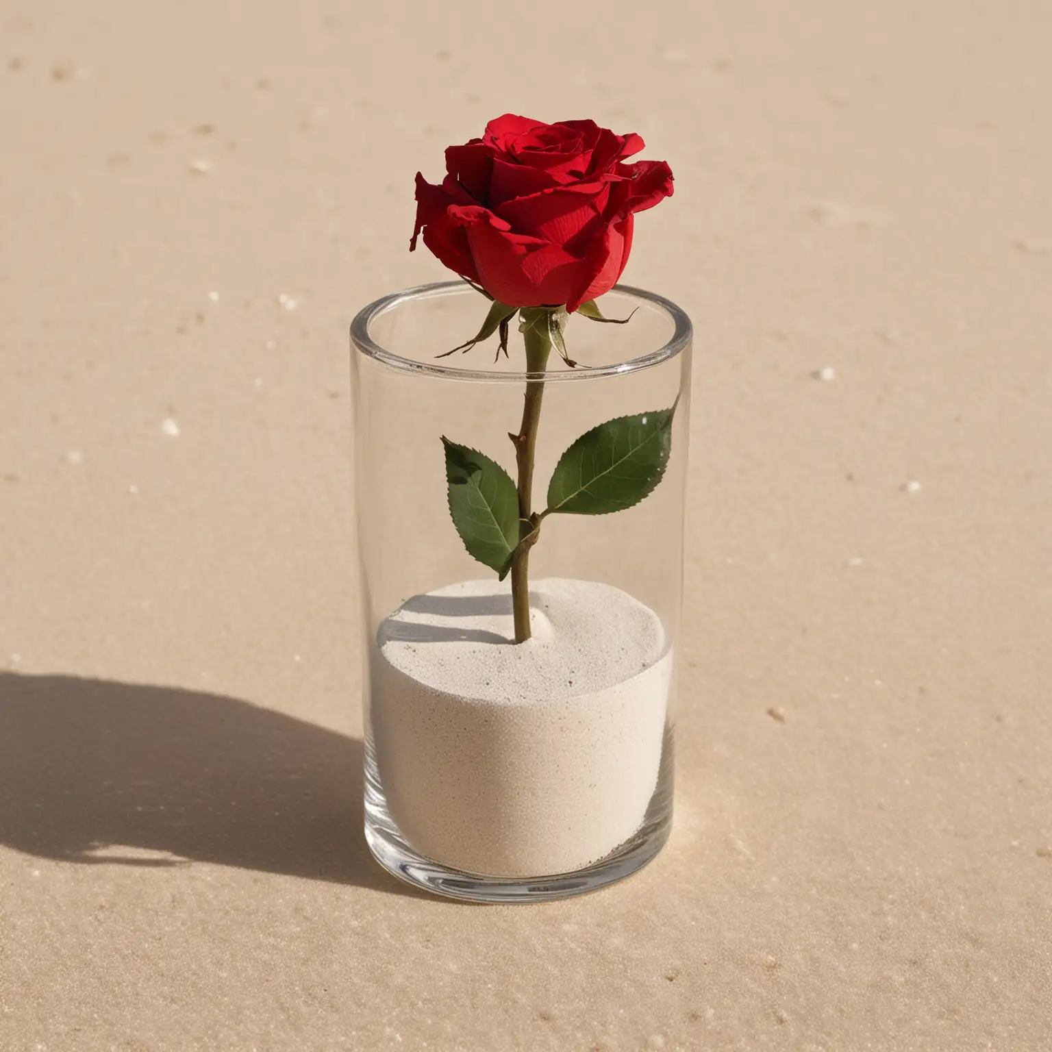 a small glass cylinder vase filled with a layer of white sand and a single red rose