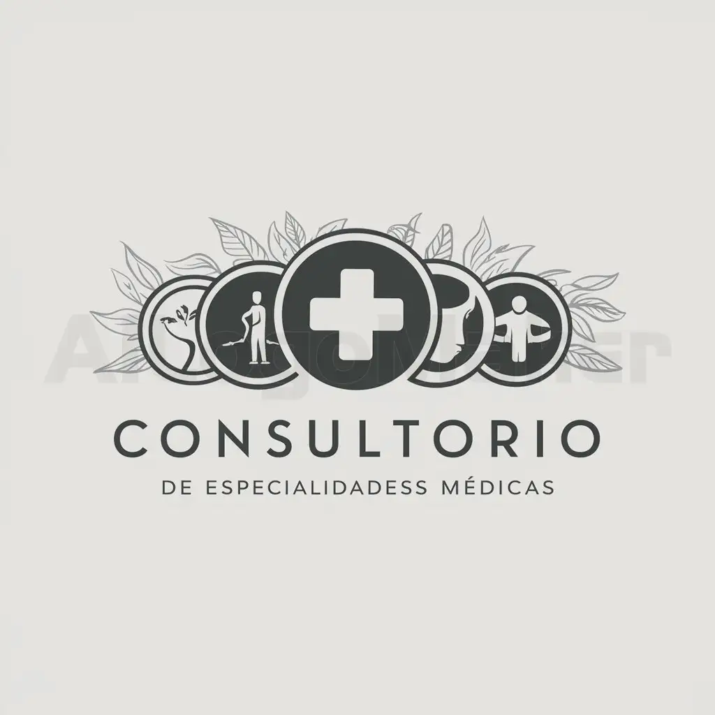 a logo design,with the text "CONSULTORIO DE ESPECIALIDADES MÉDICAS", main symbol:NUTRITION, FISIOTHERAPY, PSYCHOLOGY, MEDICINE,Moderate,clear background