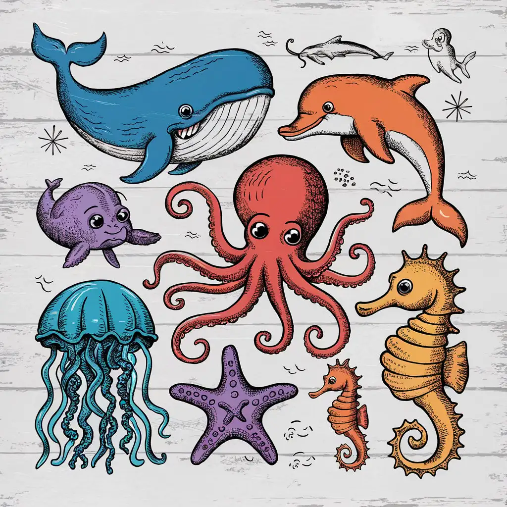 handrawn collage sketch on white background of various sea animals on old sketch style vintage one animal per specie type in color