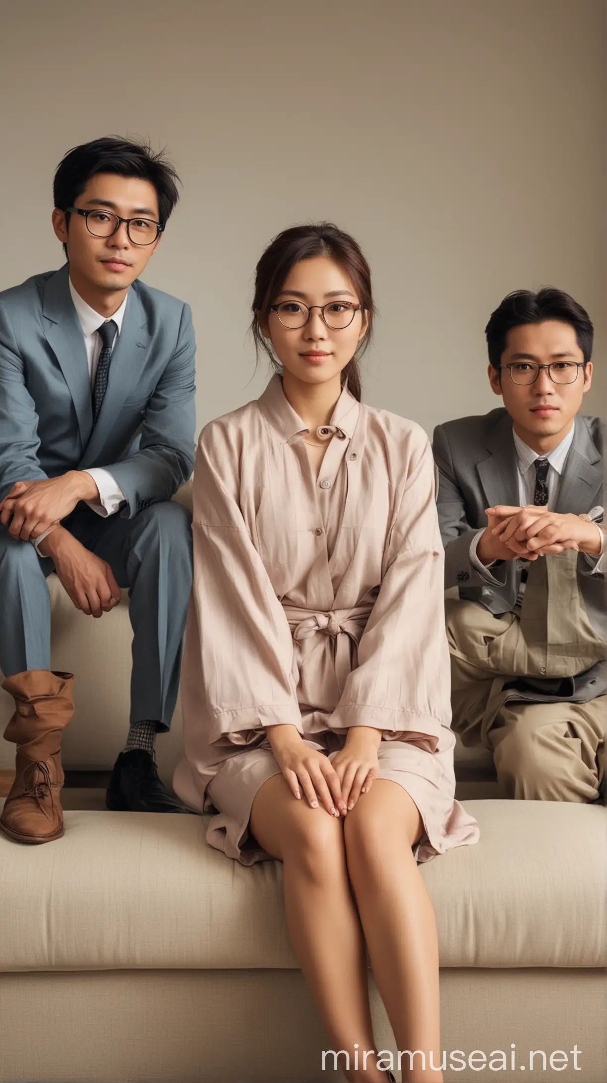 Japanese Woman with Glasses Sitting on Sofa Surrounded by Polite Men