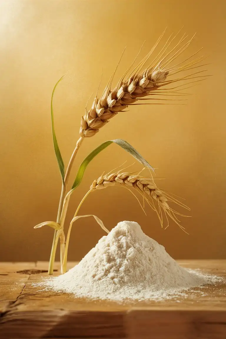 An ear of wheat next to flour