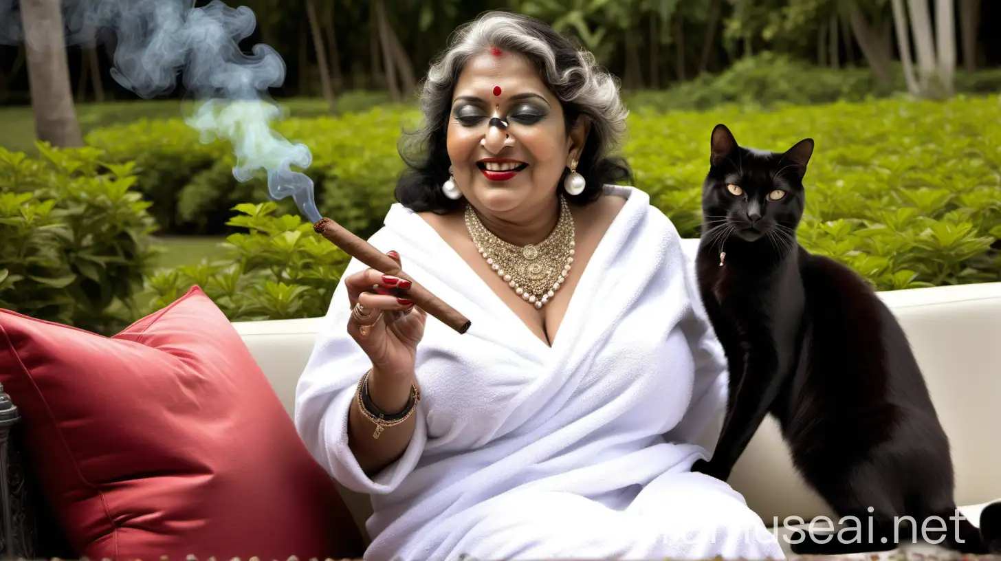 
a indian mature  fat woman having big stomach age 49 years old attractive looks with make up on face ,binding her high volume hairs, wearing metal anklet on feet and high heels, smoking a cigar  in her hand  and a lighter , smoke is coming out from cigar  . she is happy and smiling. she is wearing pearl neck lace in her neck , earrings in ears, a power spectacles on her eyes and wearing  only a  white velvet  bath towel on her body. she is sitting on a luxurious sofa which is in flower garden ,  three black cats are siting on the sofa  and a fruit salad glass bowl and its morning time. show full body from top to bottom and show a long shot frame.