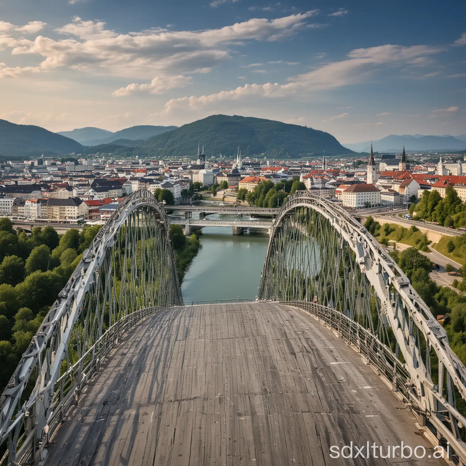 Stadt Linz Austria nibelungenbrücke in Oberösterreich mit bergen und See im Hintergrund