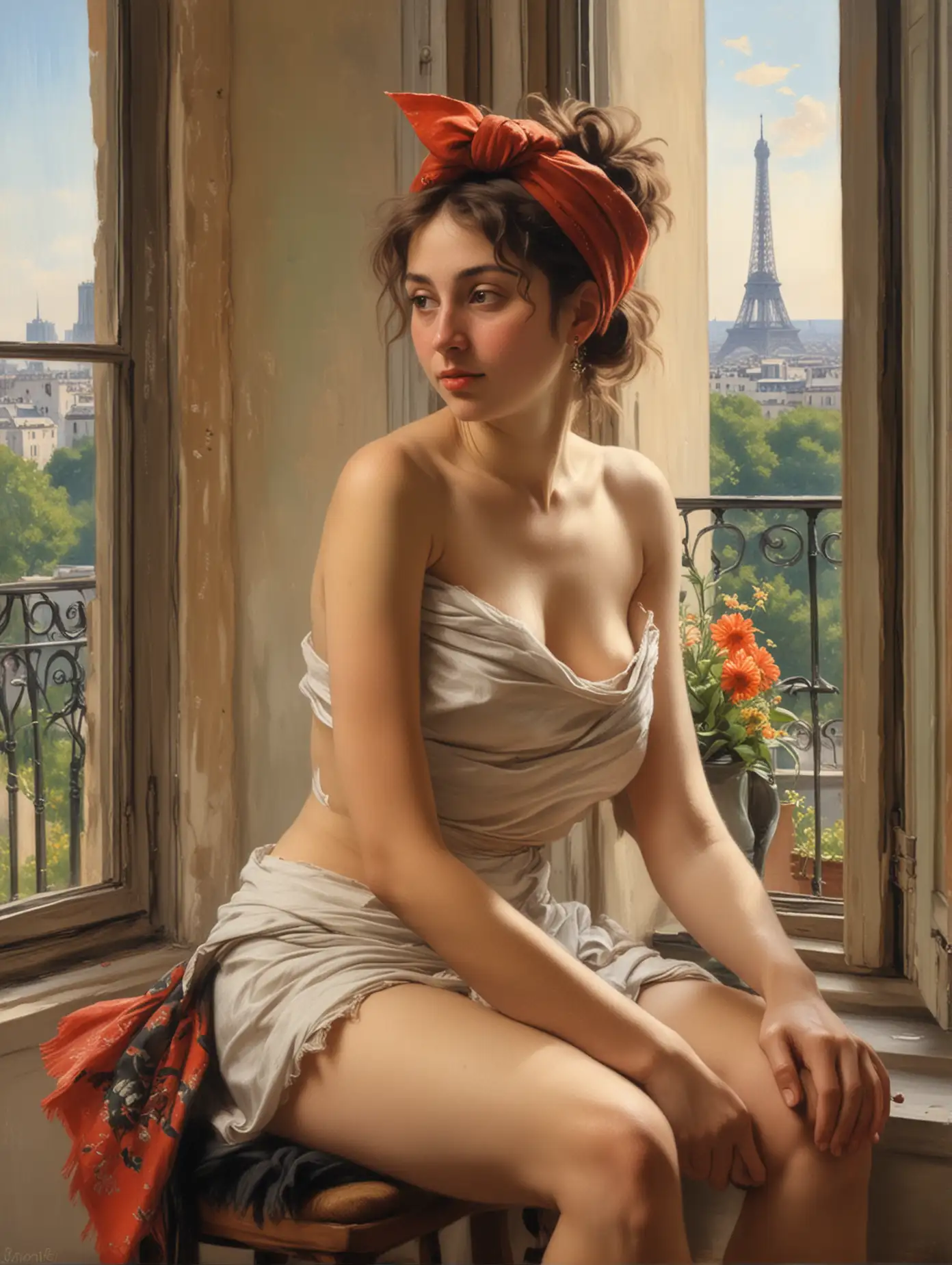 Italian Shemale in Degasinspired Oil Painting with Hairy Body and Head  Bandana near Eiffel Tower Window | AI Image Generator