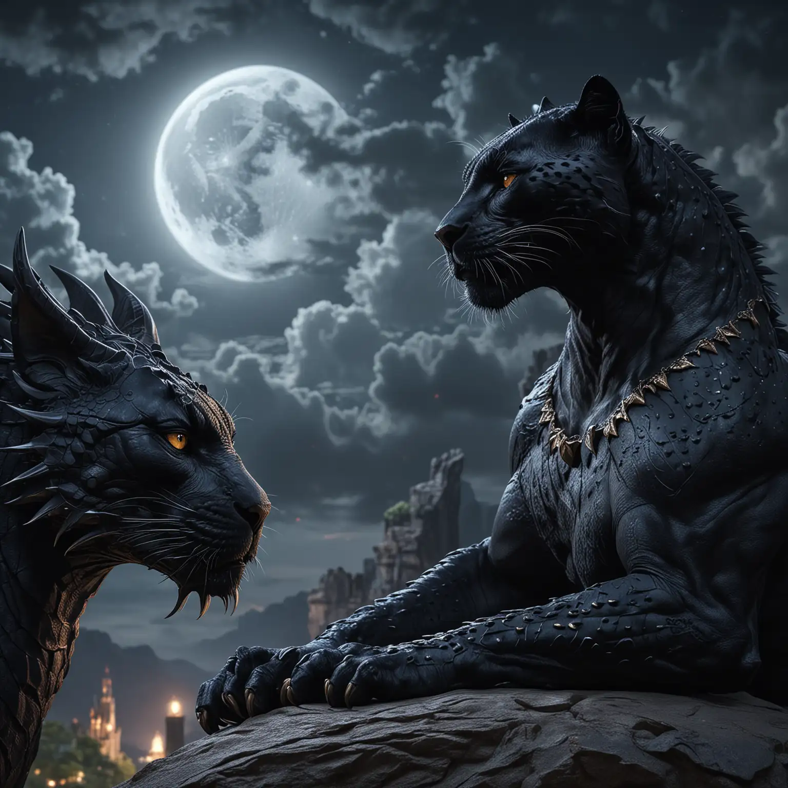 Fantasy Dragon and Black Panther under Moonlit Sky